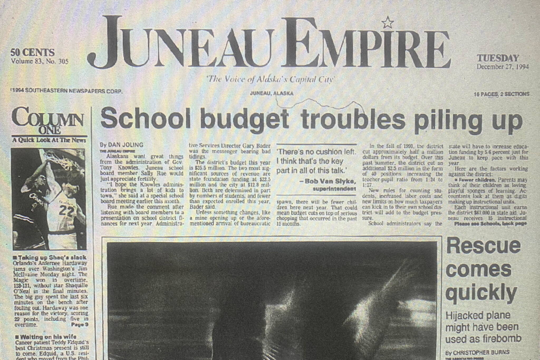 The front page of the Juneau Empire on Dec. 27, 1994. (Mark Sabbatini / Juneau Empire)