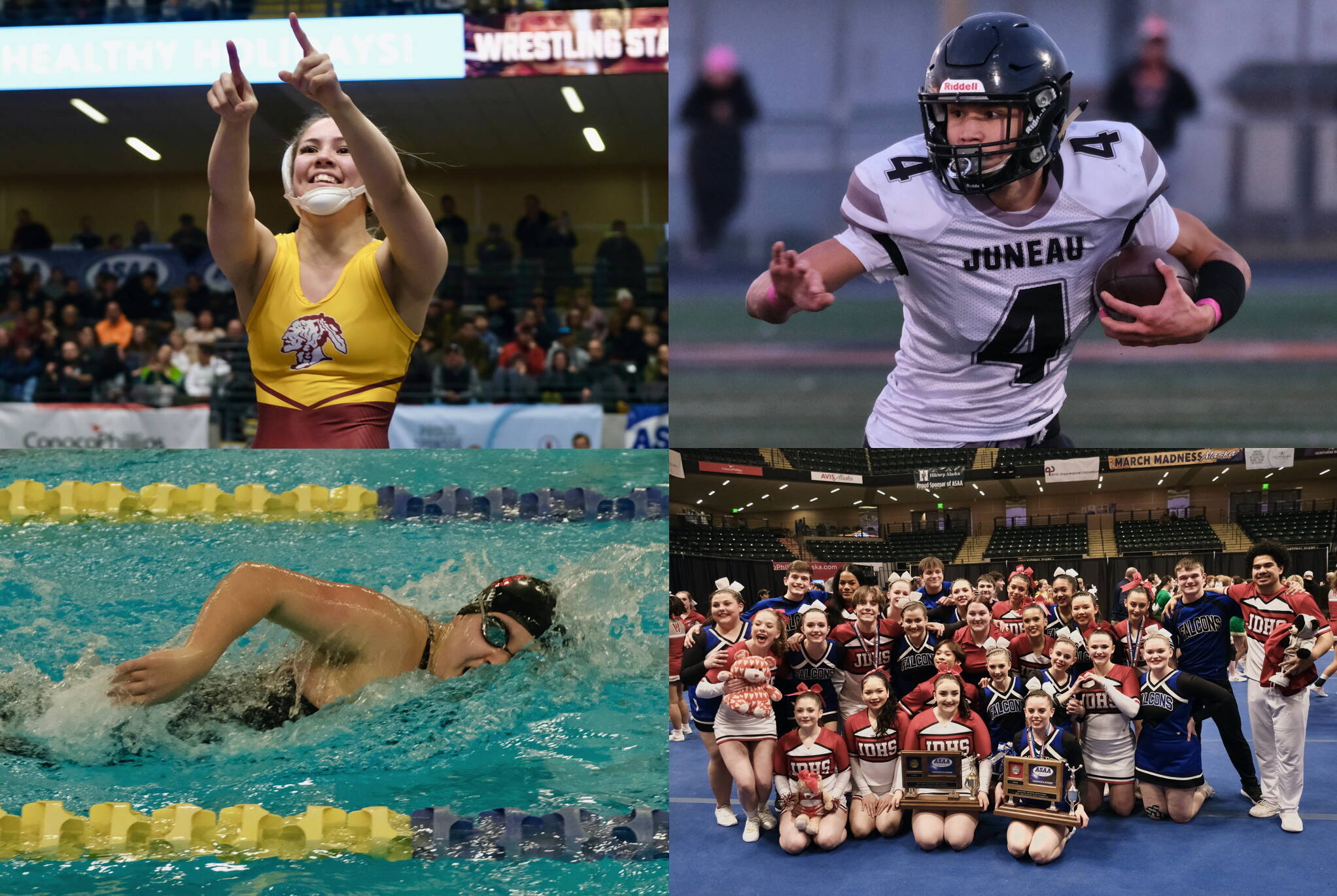 Clockwise from top left, Hoonah senior wrestler Krista Howland, Juneau senior football player Jayden Johnson, Juneau sophomore swimmer Amy Liddle, and the Juneau-Douglas High School: Yadaa.at Kalé Crimson Bears and Thunder Mountain Falcons cheer teams achieved some of the most notable moments in Southeast Alaska sports during 2024. (Klas Stople / Juneau Empire file photos)