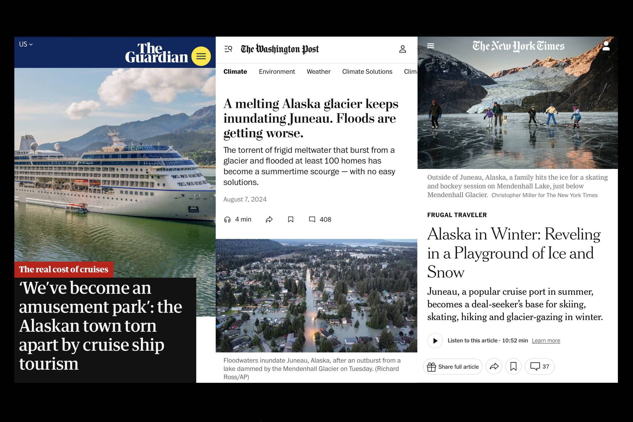 Juneau-related stories about tourism and flooding from The Guardian, The Washington Post and The New York Times were typical of most global coverage about Alaska’s capital city during 2024. (Screenshots from mobile websites of the respective publications)