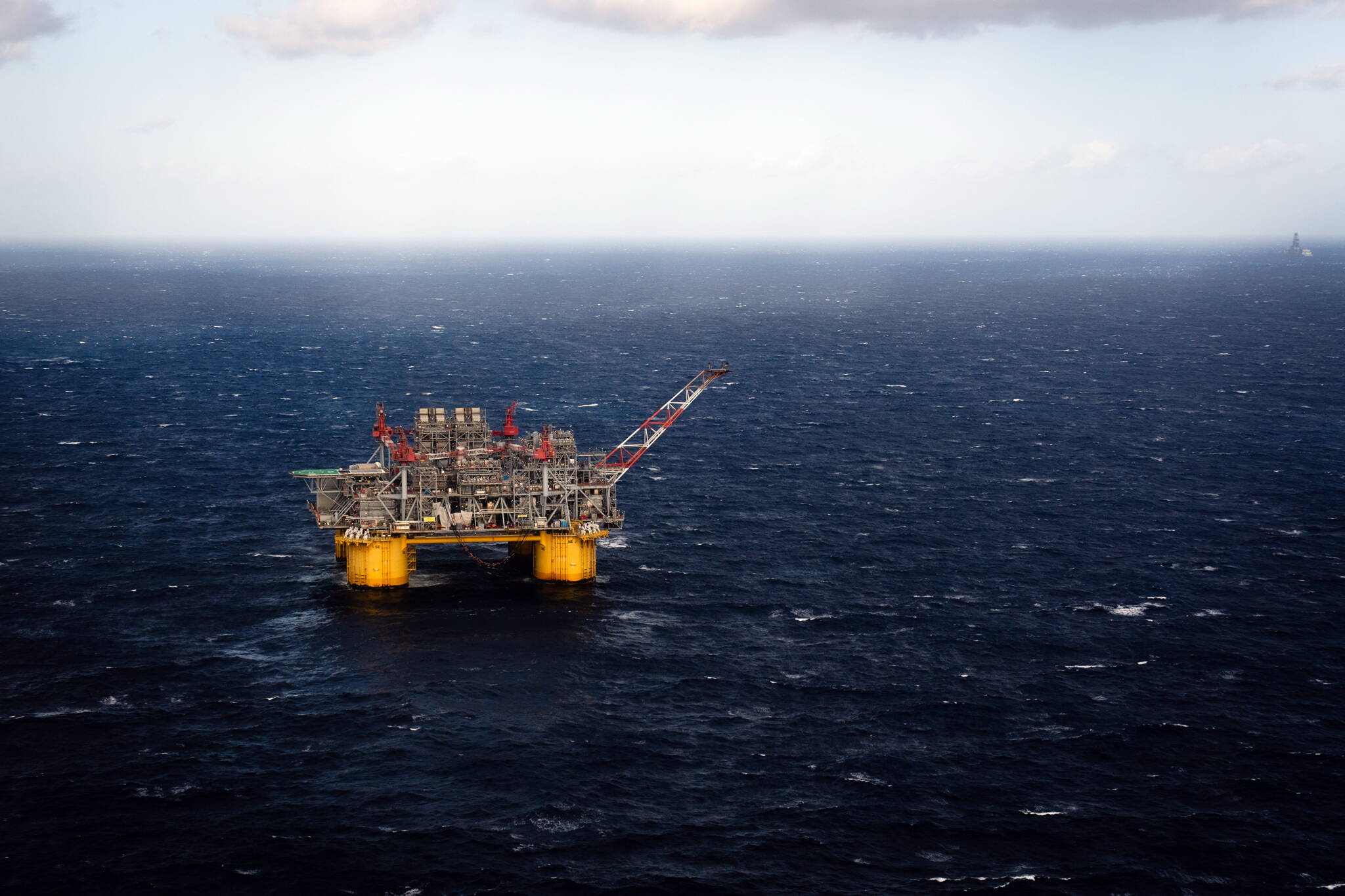 A view of Shell’s deepwater oil platform Appomattox from an approaching helicopter, off the coast of Louisiana in the Gulf of Mexico, April 11, 2024. (Erin Schaff/The New York Times)