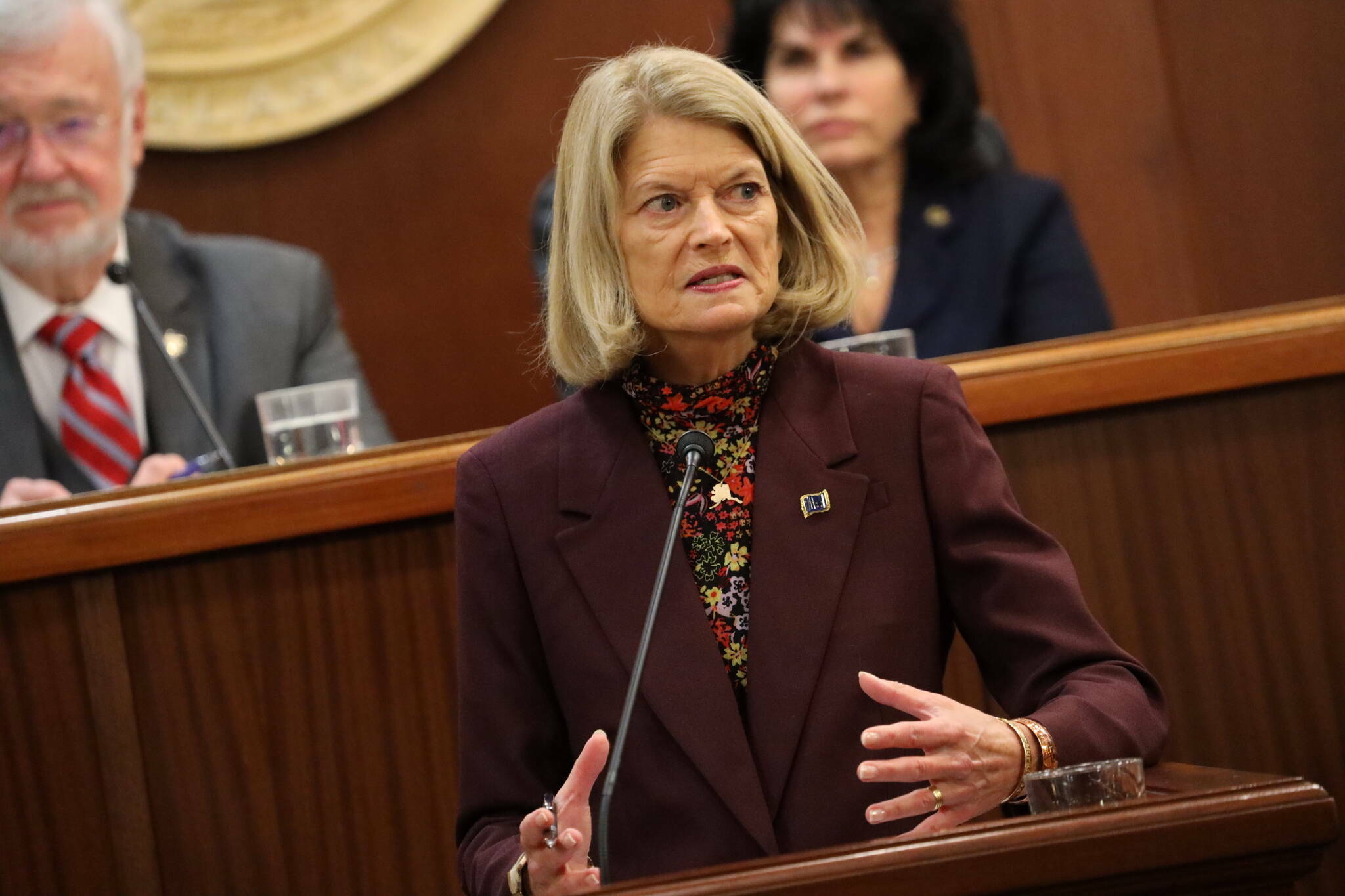 U.S. Sen. Lisa Murkowski addresses the Alaska State Legislature in February of 2023 at the Alaska State Capitol. (Clarise Larson / Juneau Empire file photo)