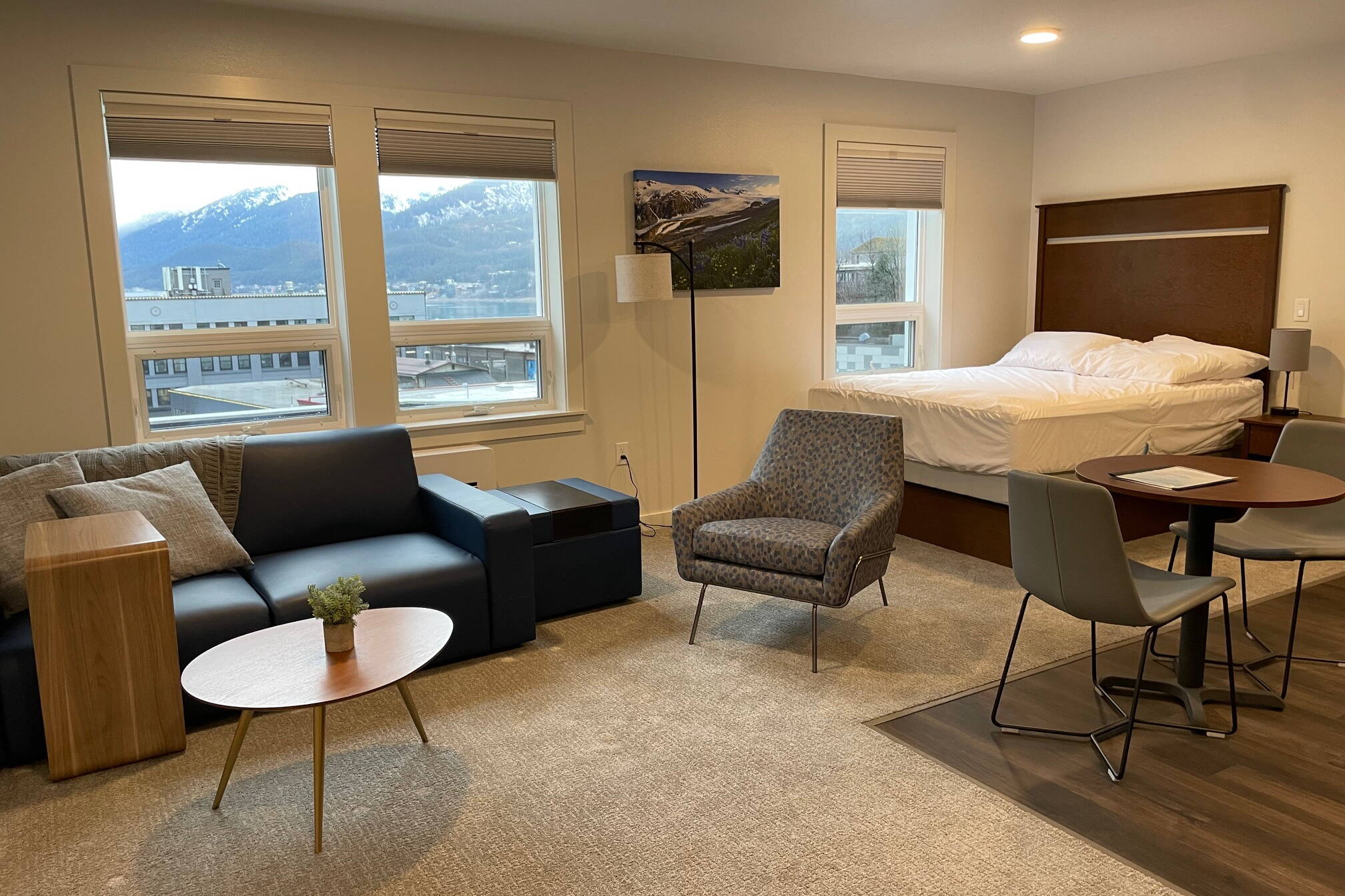 A small studio apartment in The Assembly Apartments overlooking downtown Juneau. (Laurie Craig / Juneau Empire)