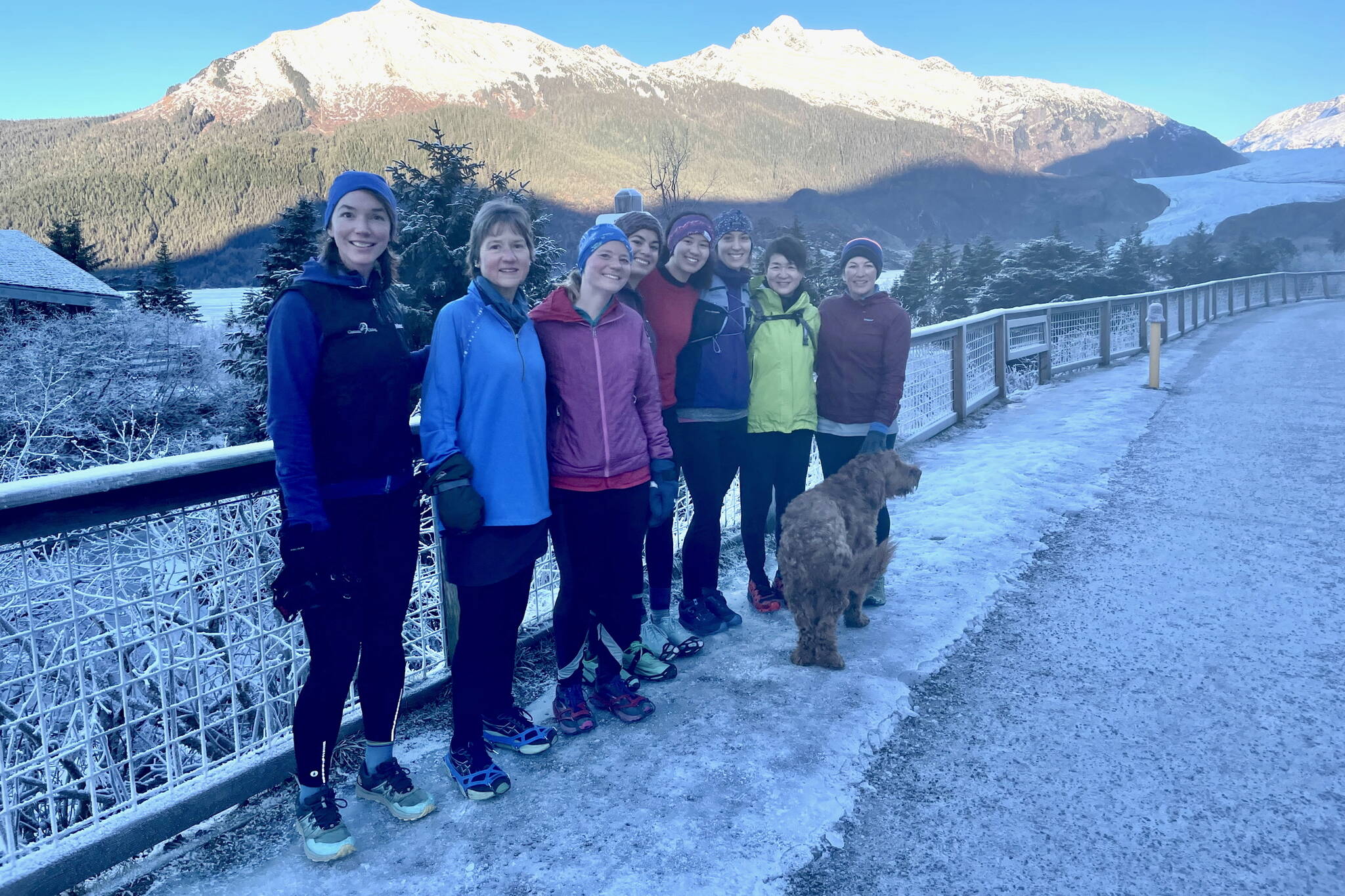 Women from Juneau Women Running group pose on a Jan. 1 run to mark the start of January Streak month. (Klas Stolpe / Juneau Empire)