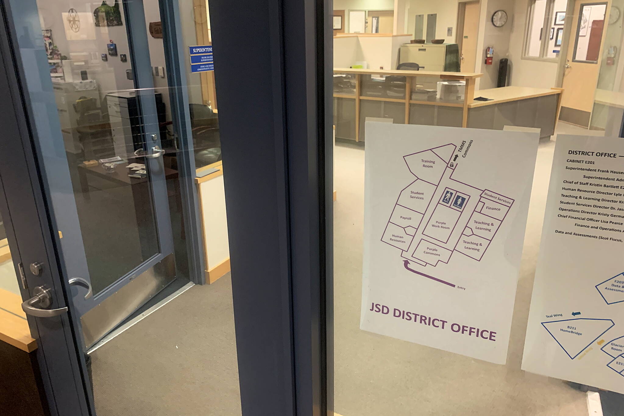 The Juneau School District administrative office inside Thunder Mountain Middle School on Tuesday. (Mark Sabbatini / Juneau Empire)