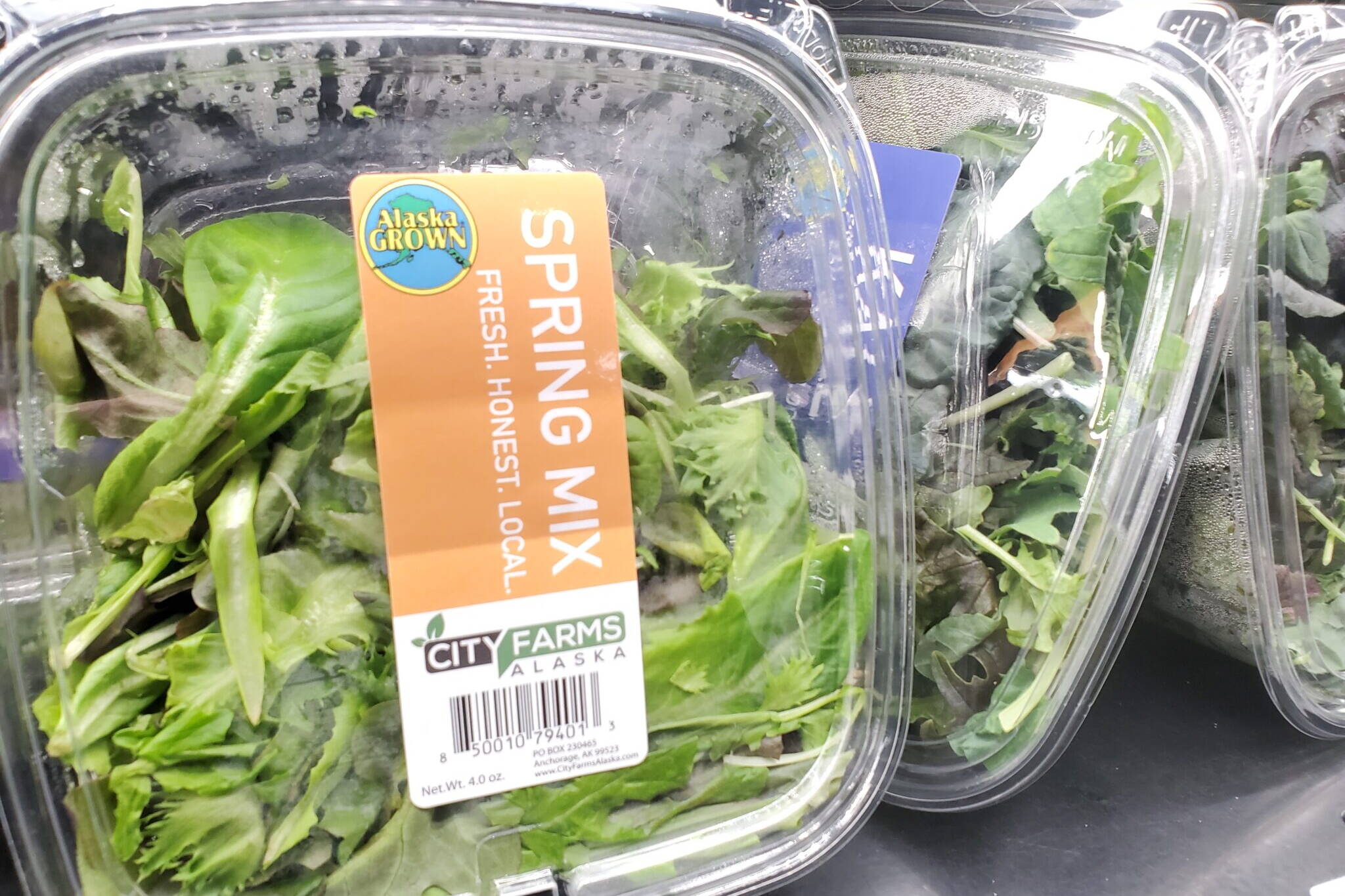 Alaska Grown-labeled salad greens are offered for sale on Jan. 14, 2025, at Natural Pantry, a health food store in Anchorage. Grocery shoppers are willing to pay a premium for locally sourced lettuce, researchers have found. (Yereth Rosen/Alaska Beacon)