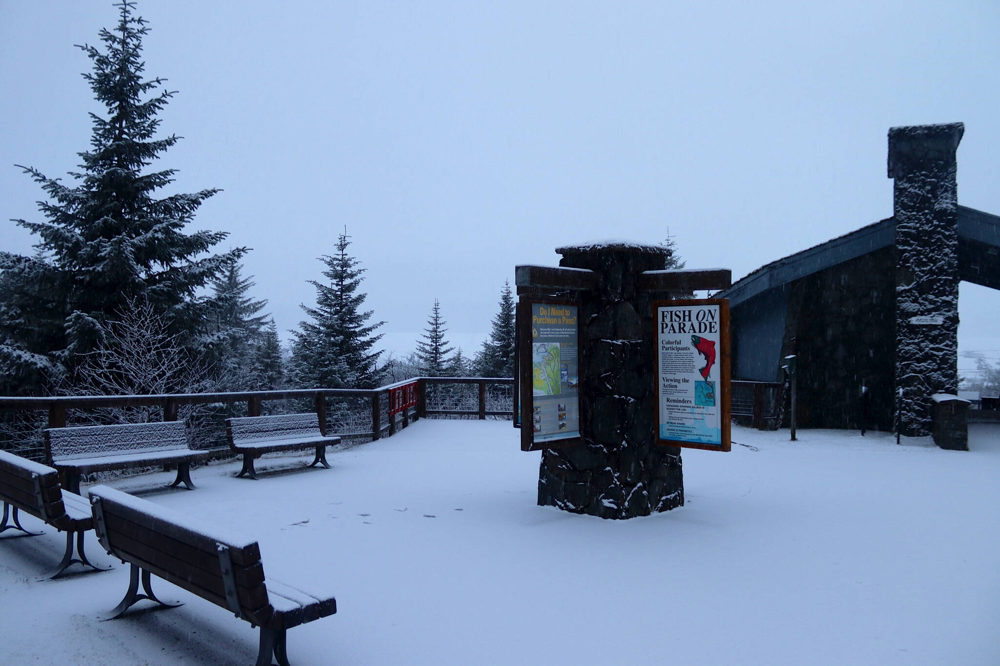 The pavilion at the Mendenhall Glacier Visitor Center, seen Wednesday, is the proposed site for a new set of up to five totem poles carved by local tribal artists. (Mark Sabbatini / Juneau Empire)