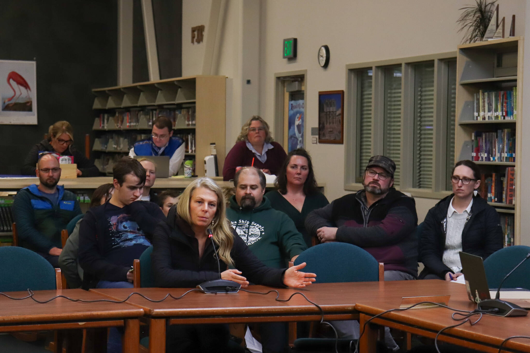 Jenny Thomas, a parent of a student at Juneau-Douglas High School: Yadaa.at Kalé, testifies on school safety concerns at a Juneau Board of Education meeting on Tuesday. (Jasz Garrett / Juneau Empire)