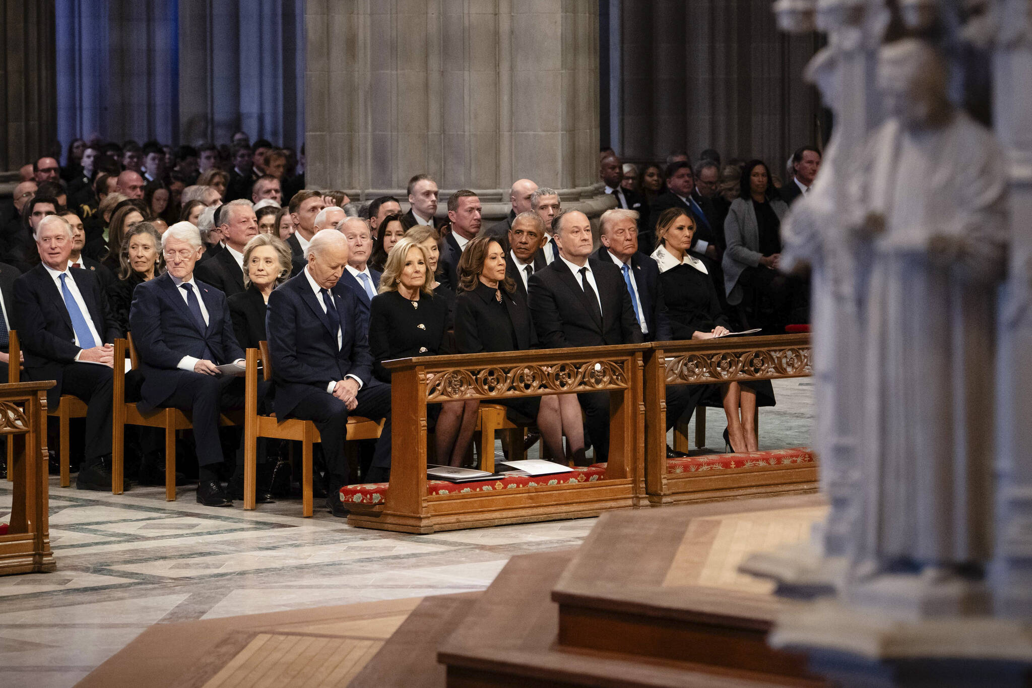 Attendees are seated during former President Jimmy Carter’s state funeral at Washington National Cathedral in Washington, on Jan. 9, 2025. Pictures shared on social media by the vice president and by the Carter Center prominently showed other past presidents in attendance. (Erin Schaff/The New York Times)