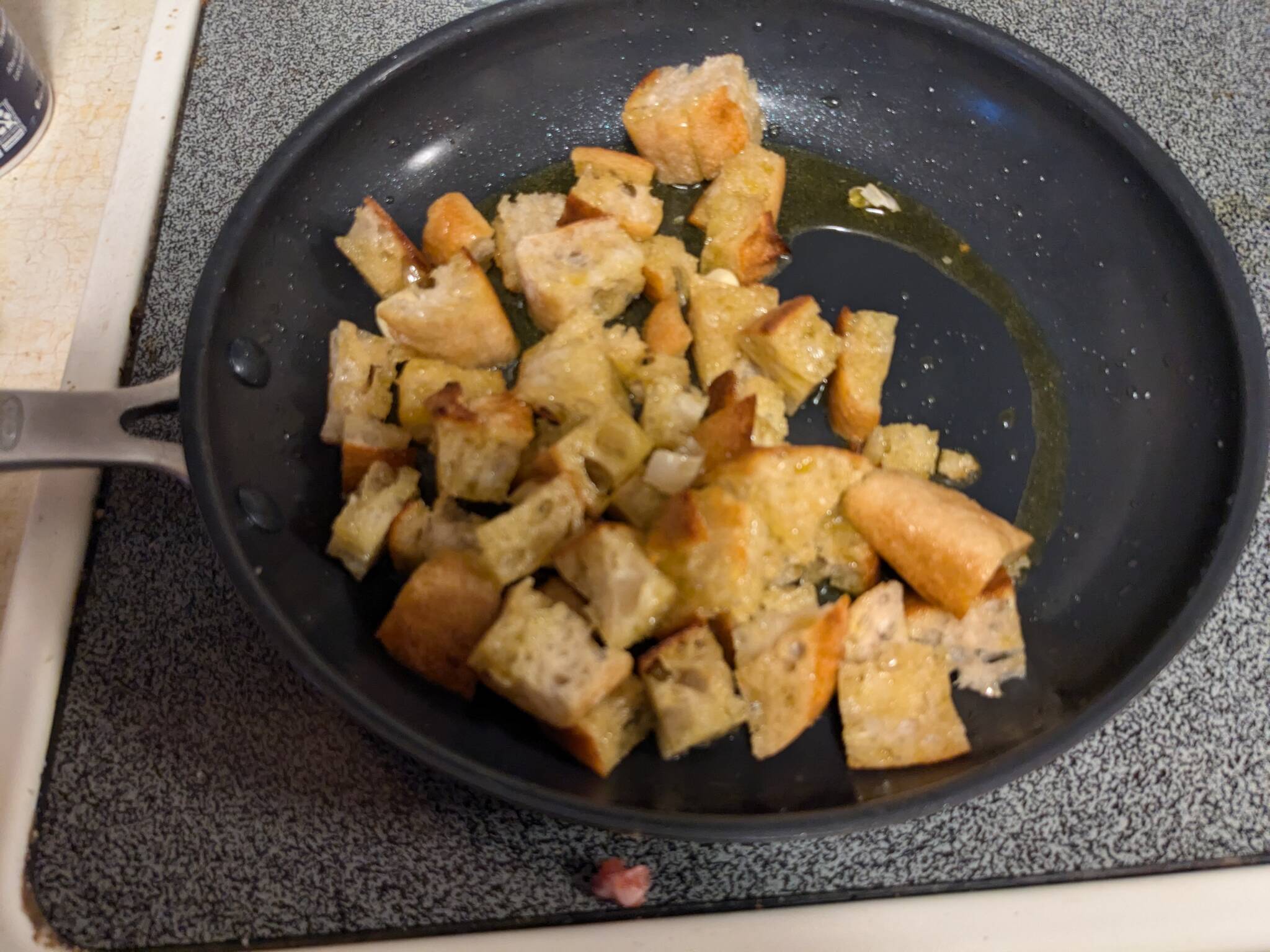 Frying croutons for Caesar salad. (Photo by Patty Schied)