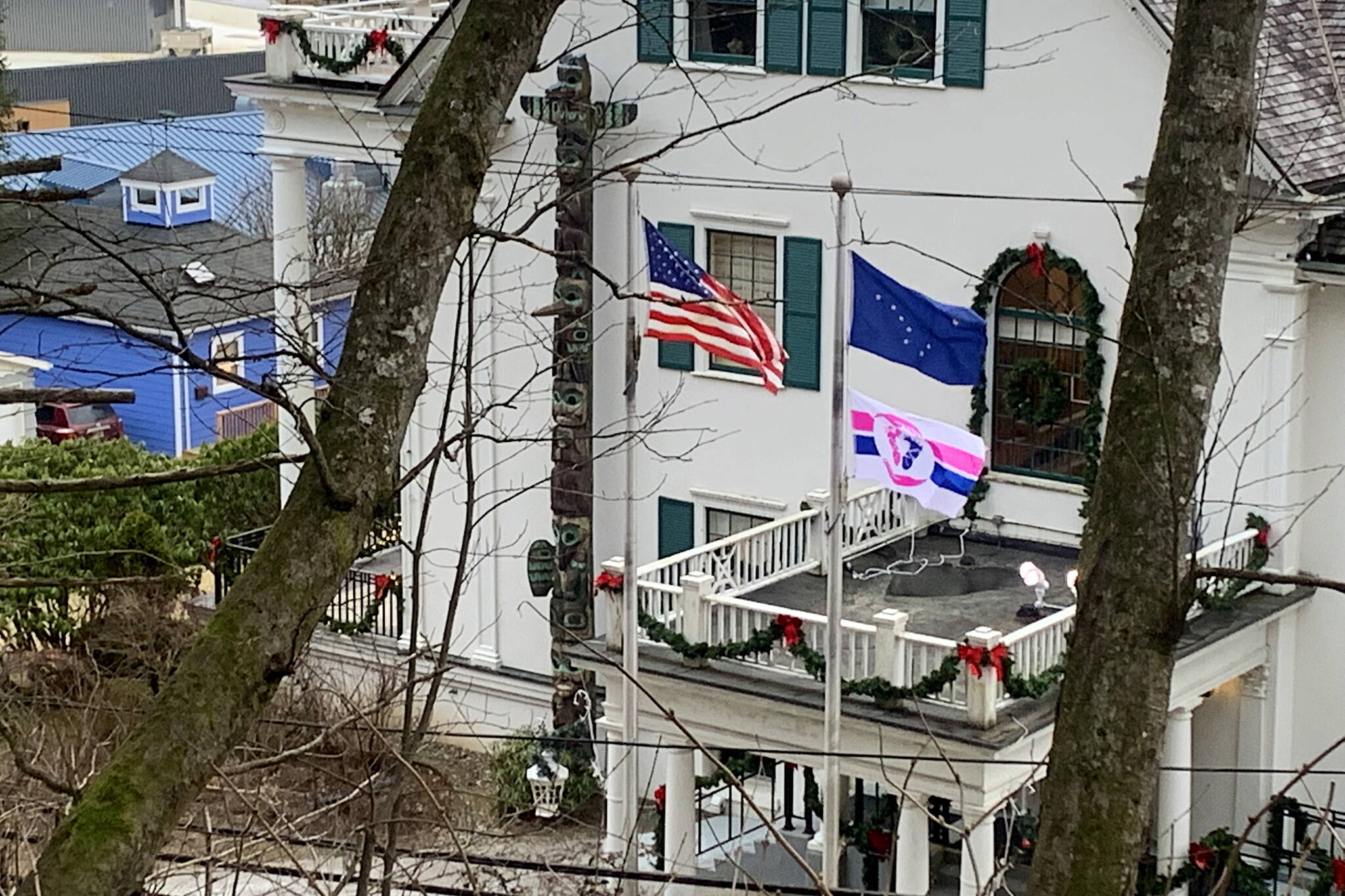 A “pro-life” flag has been flying along with the U.S. flag and Alaska state flag outside the Governor’s Residence since last January. (Mark Sabbatini / Juneau Empire file photo)