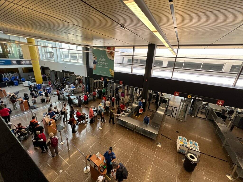 Passengers wait in security lines at Seattle-Tacoma International Airport. (Port of Seattle photo)