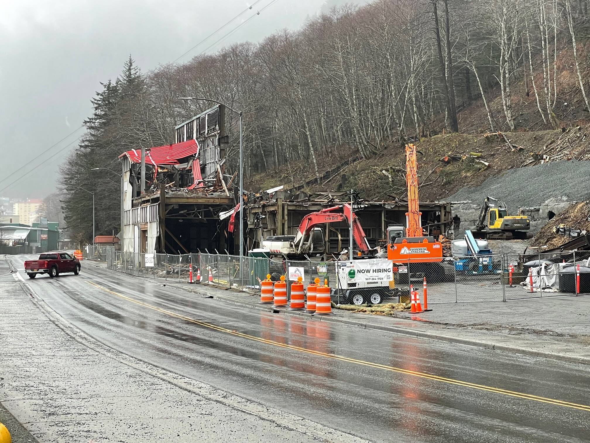 Only the front portion remains of the Alaska-Juneau Gold Mine steam power plant on Jan. 8, 2025. (Laurie Craig / Juneau Empire)