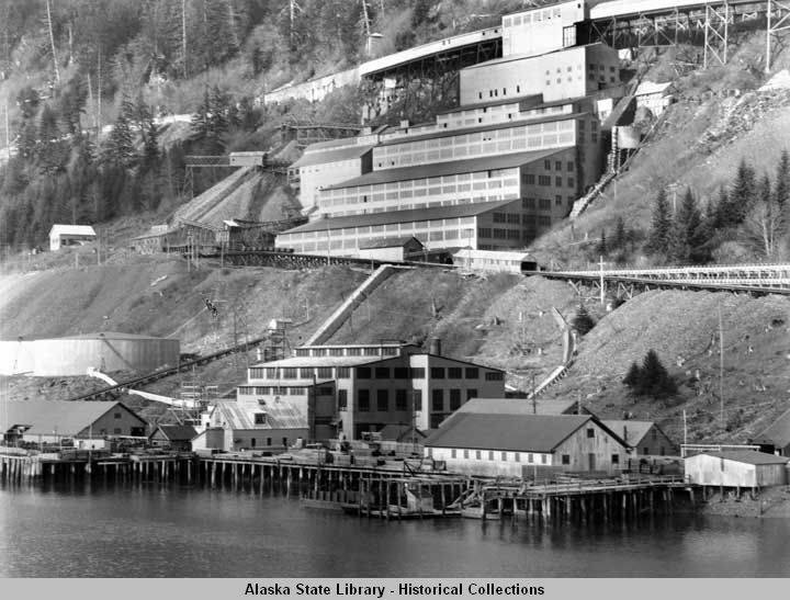 The Alaska-Juneau Gold Mine mill is seen in this undated photo with the steam power plant in the lower center of the photo. (Alaska Historical Library, M999-AJ-Mill-003)