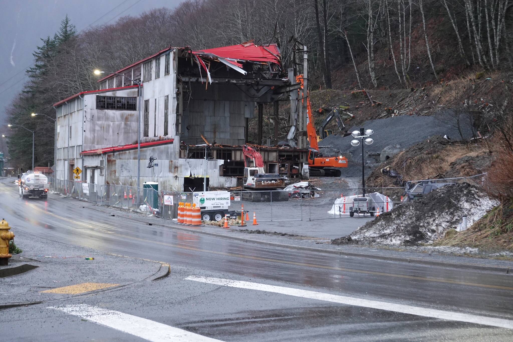 Demolition of the Alaska-Juneau Gold Mine steam power plant is well underway on Dec. 23, 2024. (Laurie Craig / Juneau Empire)