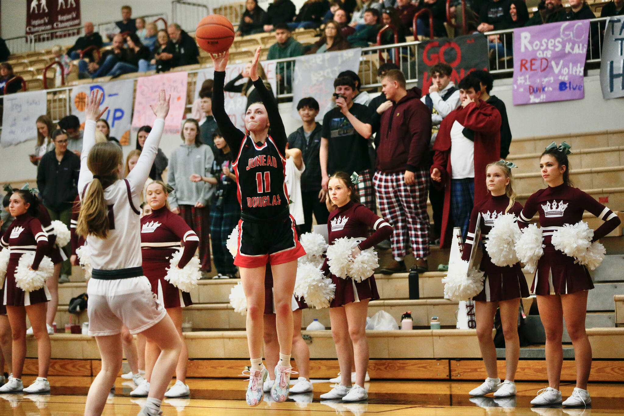 Juneau-Douglas High School: Yadaa.at Kalé’s Gwen Nizich shoots the ball during Juneau Douglas’s 67-28 win over Ketchikan at the Clarke Cochrane Gymnasium on Saturday. (Christopher Mullen/ Ketchikan Daily News)