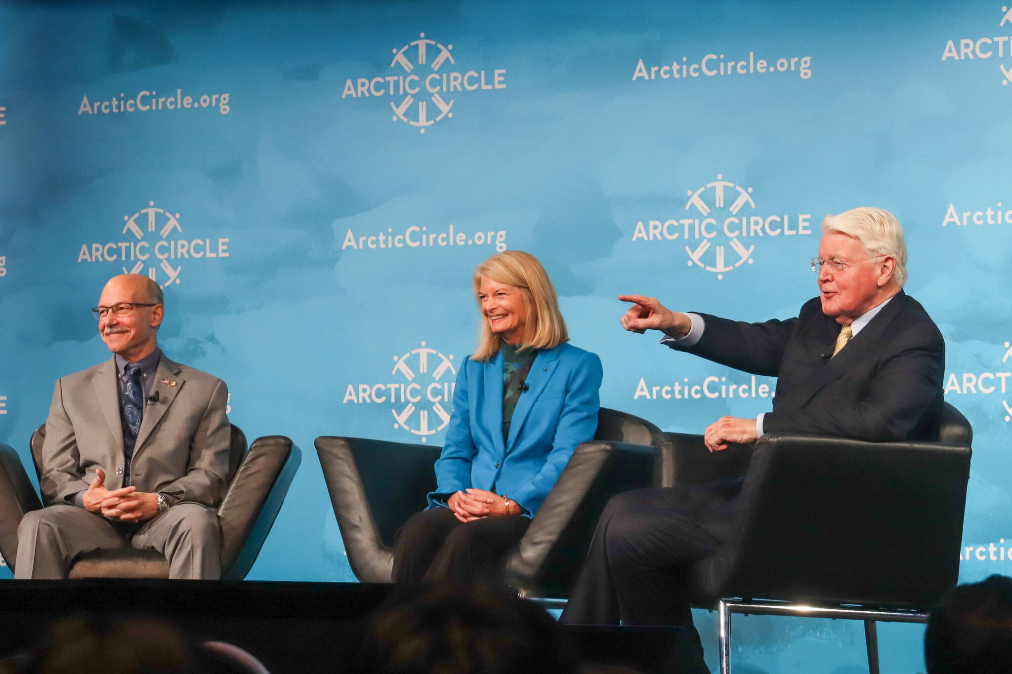 U.S. Ambassador-at-Large for Arctic Affairs Mike Sfraga, U.S. Sen. Lisa Murkowski, and Assembly chairman H.E. Ólafur Ragnar Grímsson answer questions in a panel at the Arctic Circle Assembly in Iceland on Oct. 17, 2024. (Jasz Garrett / Juneau Empire)