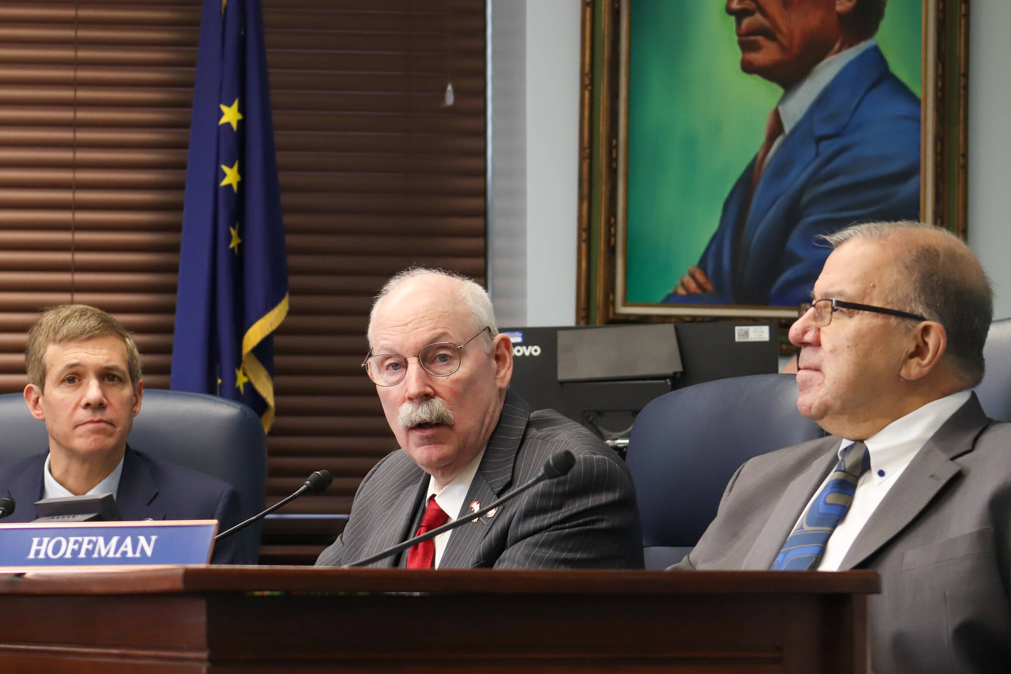 Senators Bill Wielechowski (D-Anchorage), Bert Stedman (R-Sitka) and Lyman Hoffman (D-Bethel) discuss key priorities for the Senate majority caucus on Tuesday morning at the Alaska State Capitol. (Jasz Garrett / Juneau Empire)