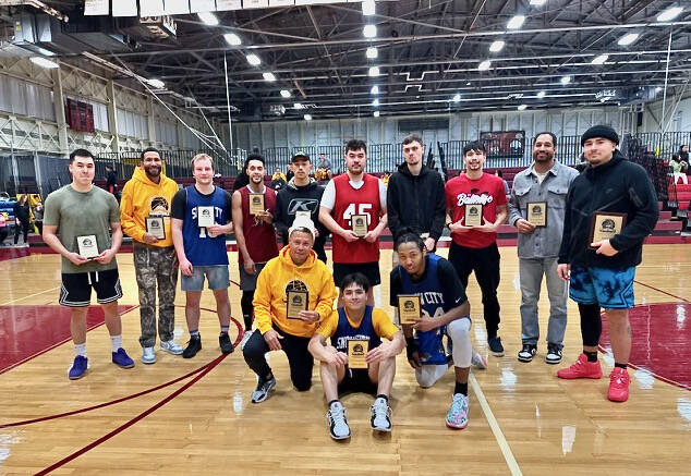 Members of the Men’s Open all-tournament team at last week’s Mt. Edgecumbe Invitational Basketball Tournament at the MEHS B.J. McGillis Gymnasium. (Photo courtesy MEHS)