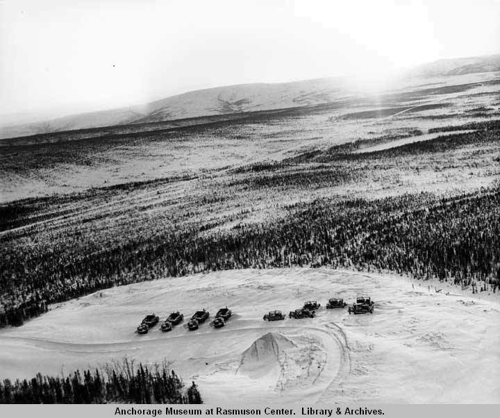 Bulldozers and scrapers sit on the gravel pad at Prospect Creek Camp during its construction in 1970. (Photo by Steve McCutcheon, Steve McCutcheon Collection, Anchorage Museum at Rasmuson Center)