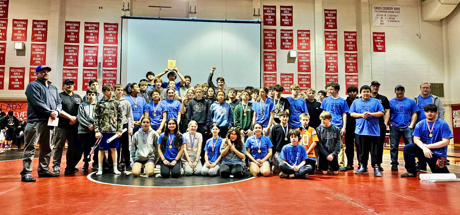 The Thunder Mountain Middle School wrestling team pose as champions of the Stikine Wrestling Tournament on Saturday in Wrangell. (Photo courtesy TMMS)