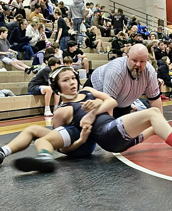 Thunder Mountain Middle School seventh grader Logan Sivertsen uses a Peterson roll during his tournament win at Wrangell on Saturday. (Photo courtesy TMMS)