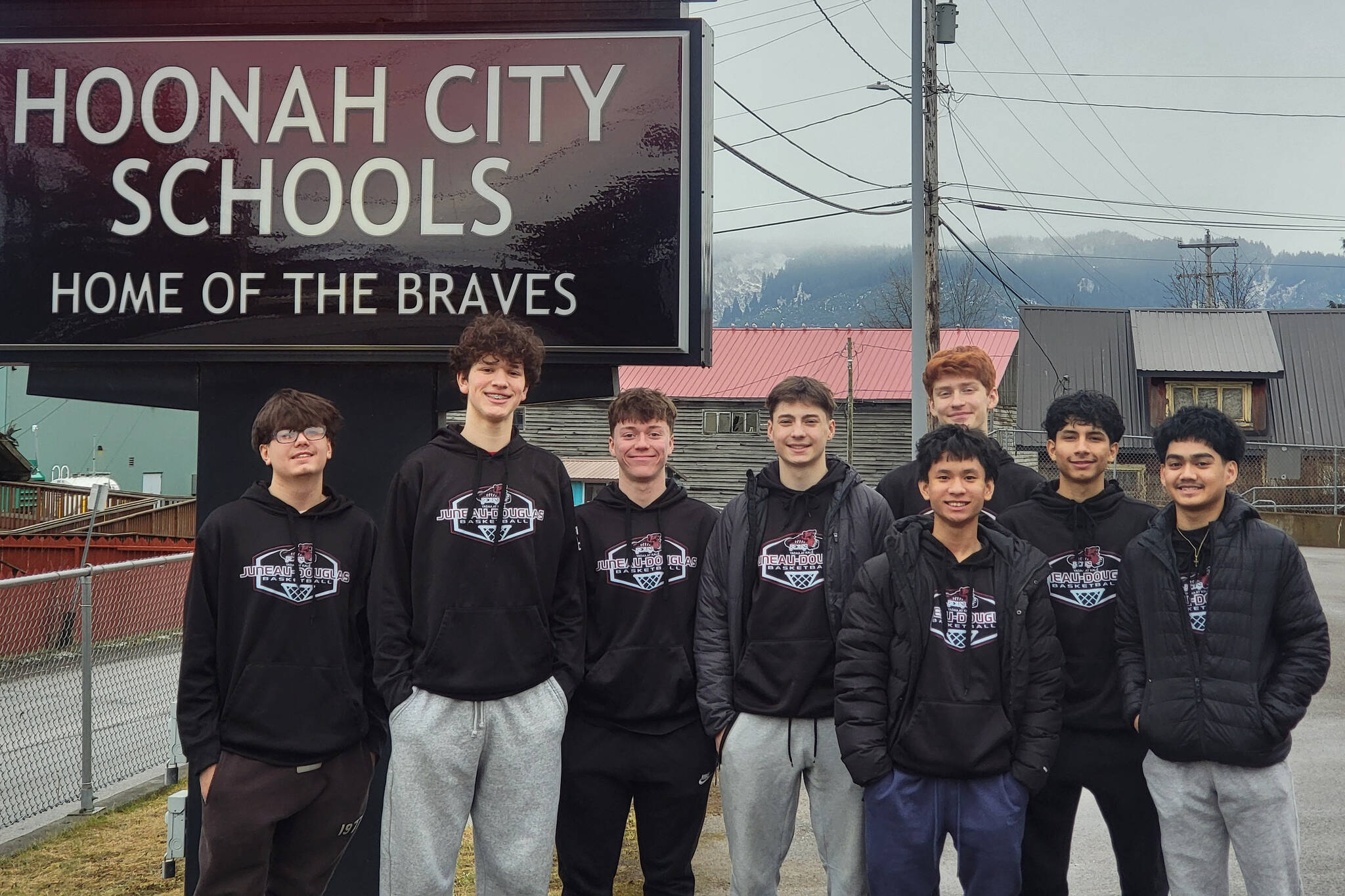 The Juneau-Douglas High School: Yadaa.at Kalé boys junior varsity team pose for a photo at Hoonah last week. (Photo courtesy JDHS)