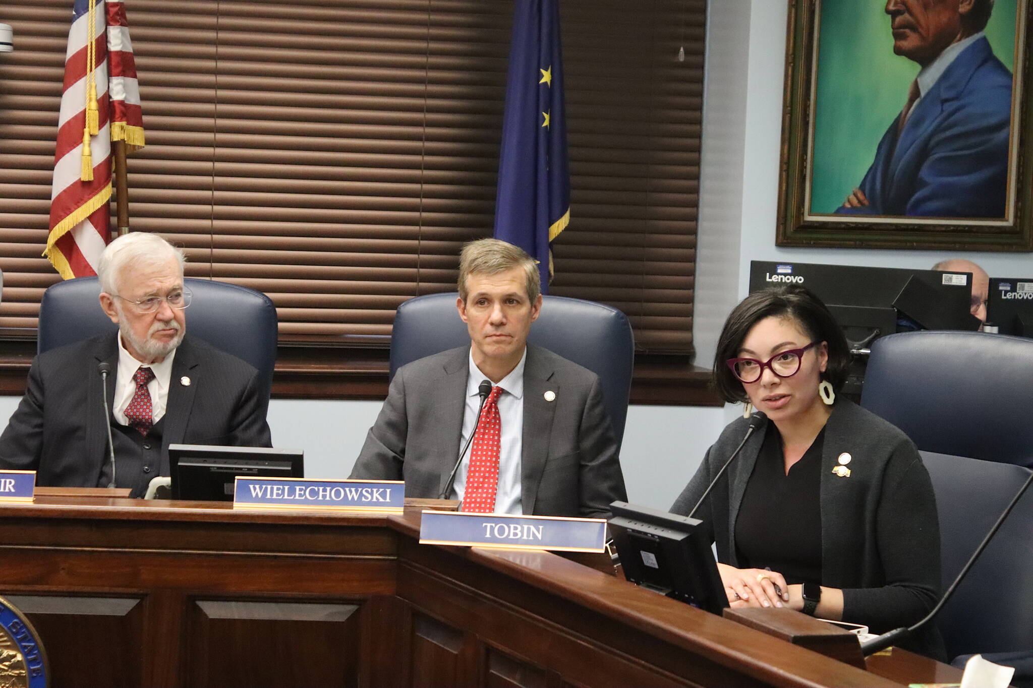 State Sen. Löki Tobin (right), D-Anchorage, discusses possible impacts of a freeze on federal grants and loans during a press conference with other members of the Senate majority including Senate President Gary Stevens, R-Kodiak, and Sen. Bill Wielechowski, D-Anchorage, at the Alaska State Capitol on Tuesday. (Mark Sabbatini / Juneau Empire)