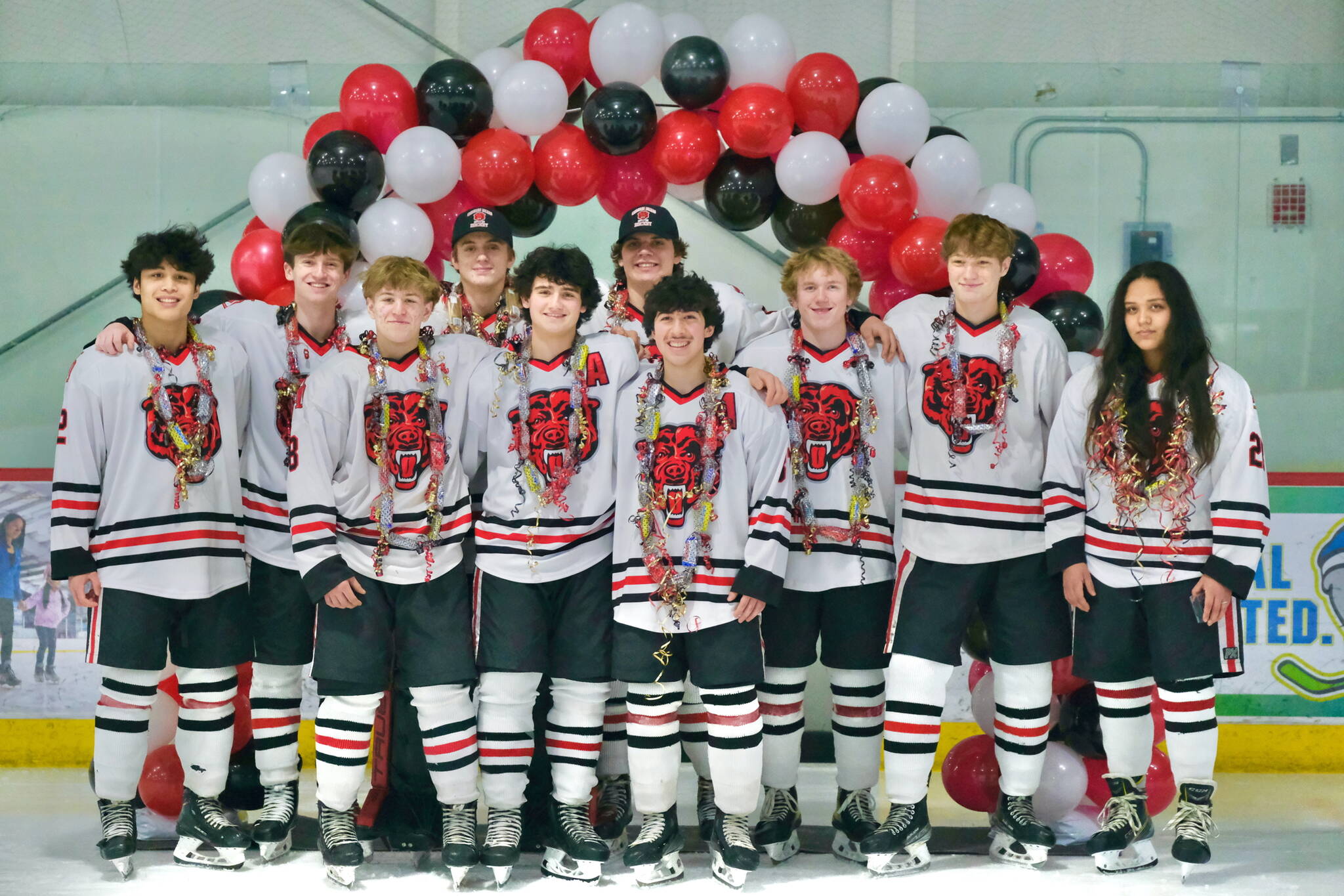 The Juneau-Douglas High School: Yadaa.at Kalé Crimson Bears seniors pose for a photo during Senior Night last weekend at Treadwell Ice Arena.They play final home games this weekend. On Friday facing Tri-Valley at 1:45 p.m. and Wasilla at 7 p.m. and on Saturday playing Wasilla at 3 p.m. and Tri-Valley at 8 p.m. JV play Thursday at 3:30 p.m. (Klas Stolpe / Juneau Empire)