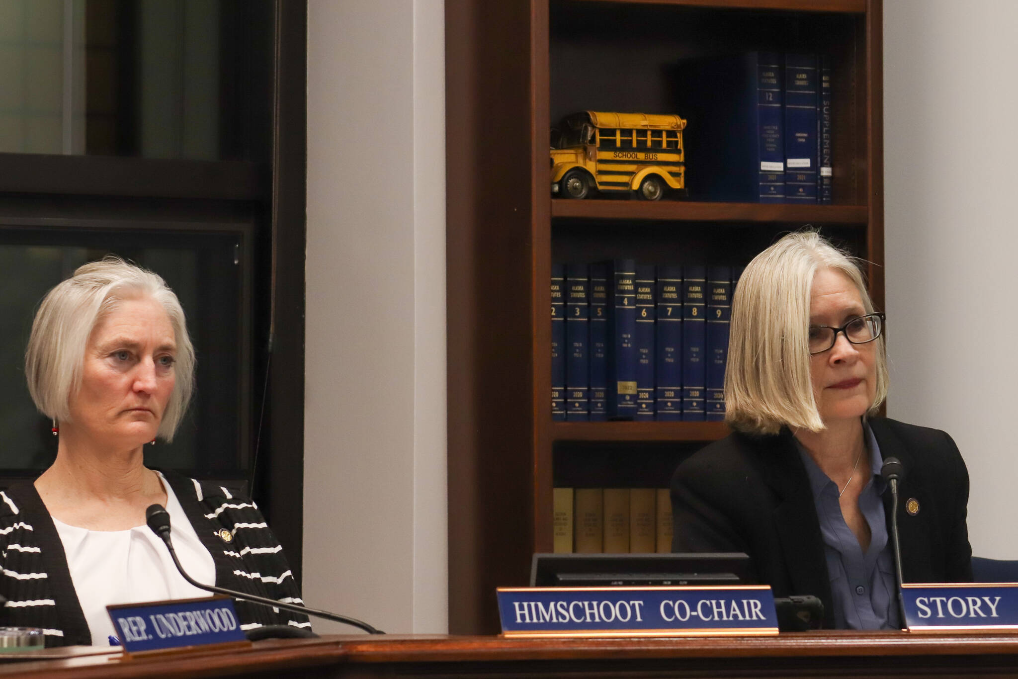 Rep. Rebecca Himschoot (I-Sitka) and Rep. Andi Story (D-Juneau) listen to public testimony on an education funding bill in the Alaska State Capitol on Jan. 29, 2025. (Jasz Garrett / Juneau Empire)