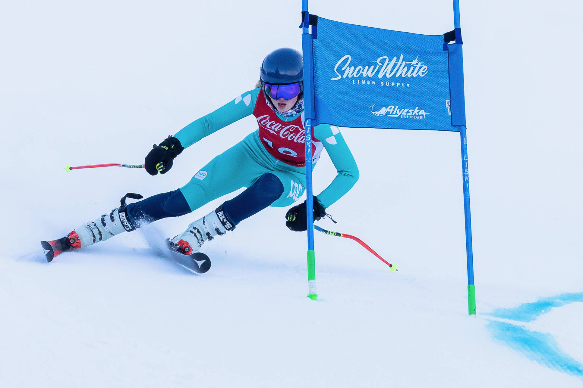 Juneau Ski Club’s U18 athlete Eva Meyer races in the ladies giant slalom during the Coca-Cola Classic race series on Wednesday at the Alyeska Race Trail in Girdwood. (Photo courtesy Bob Eastaugh)