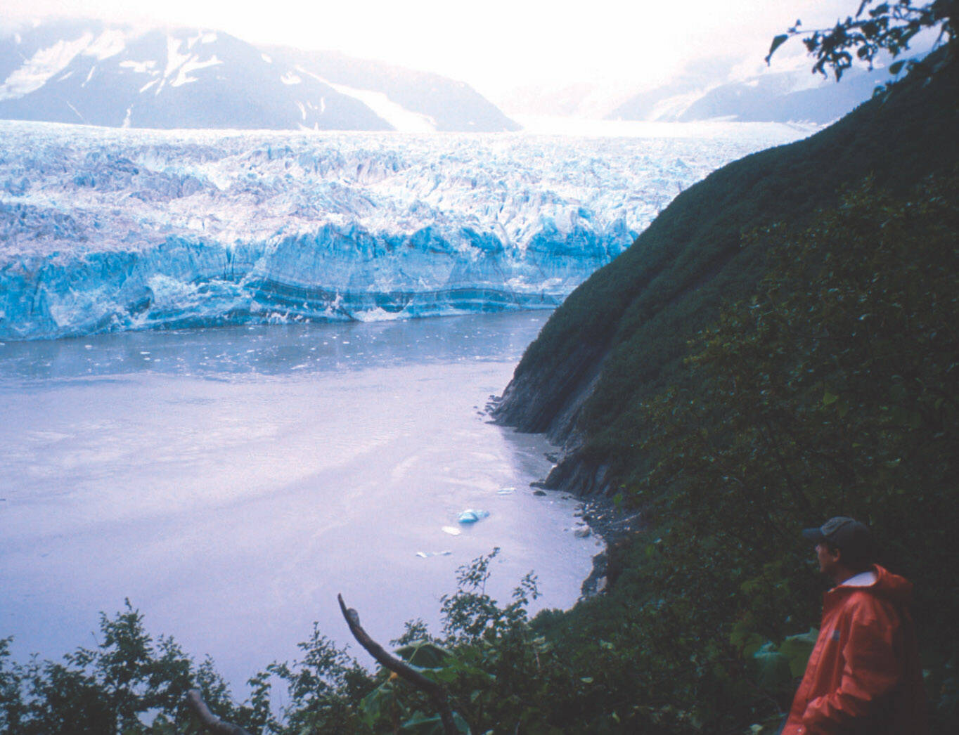 Ned Rozell watches the advance of Hubbard Glacier as it advances on Gilbert Point in 2002. (Photo by Martin Truffer)