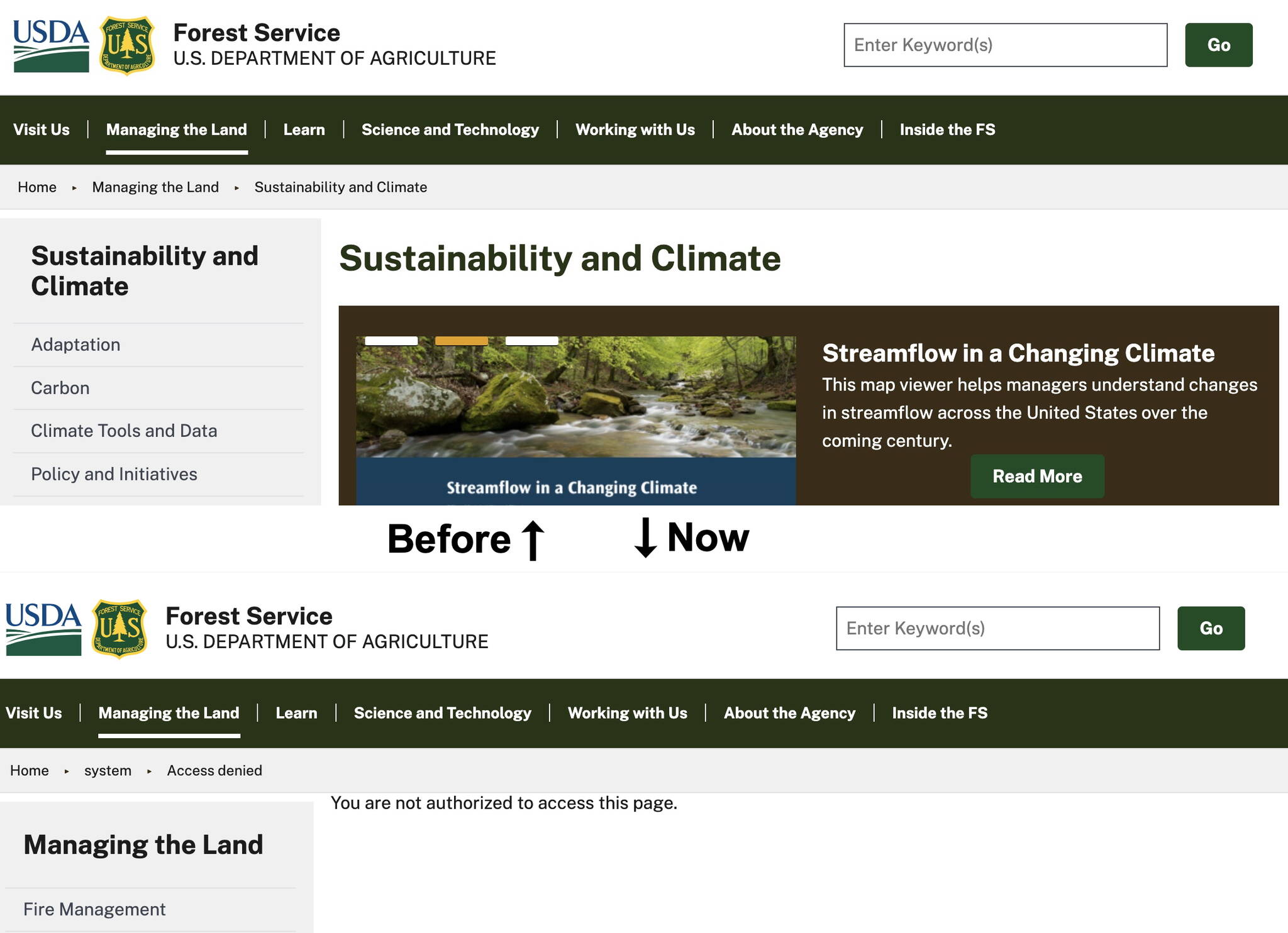 The U.S. Forest Service’s “Sustainability and Climate” webpage that was online before Jan. 20 (top) is now offline (bottom).