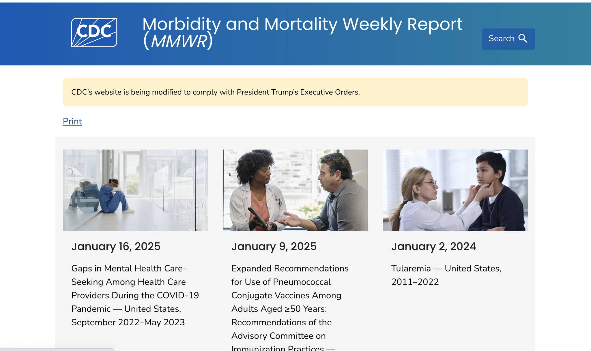 An announcement at the Centers for Disease Control and Prevention’s website Saturday notes it “is being modified to comply with President Trump’s Executive Orders.”