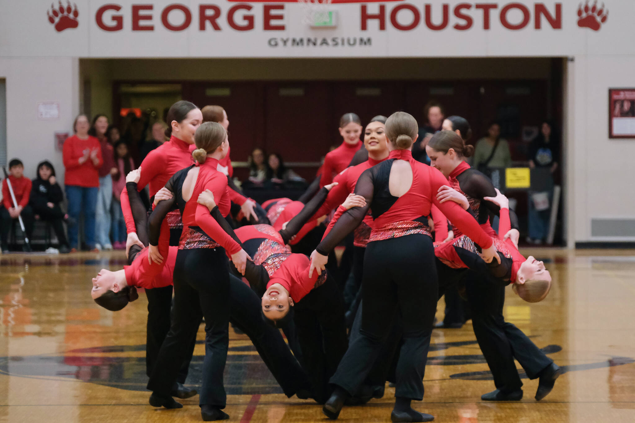 The Juneau-Douglas High School: Yadaa.at Kalé Dance Team perform their Military March on Saturday in the George Houston Gymnasium. (Klas Stolpe / Juneau Empire)