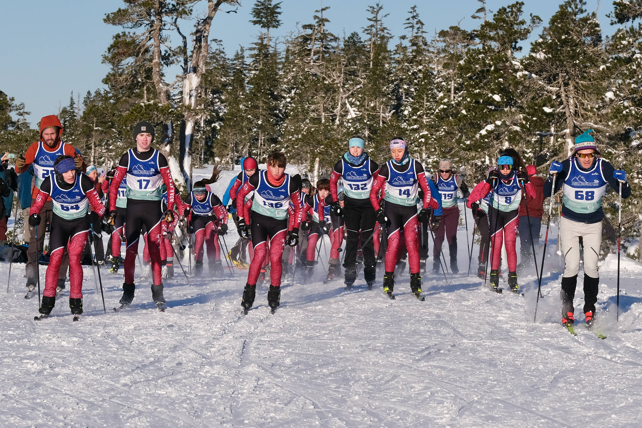 Juneau-Douglas High School: Yadaa.at Kalé Nordic Ski Team and community cross-country skiers start the Shaky Shakeout Invitational six-kilometer freestyle mass start race Saturday at Eaglecrest Ski Area. (Klas Stolpe / Juneau Empire)