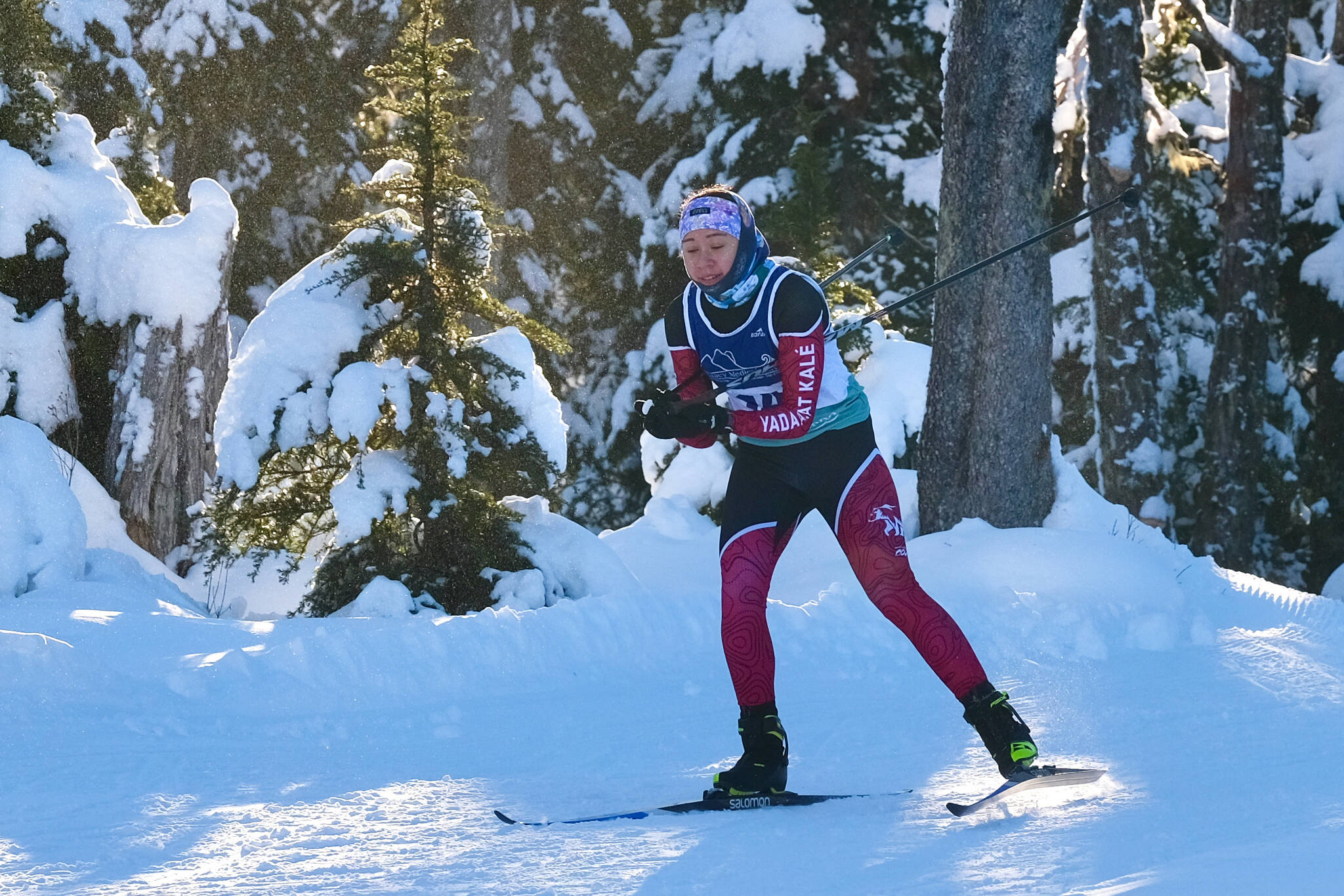 Juneau-Douglas High School: Yadaa.at Kalé Nordic Ski Team sophomore Kaia Mangaccat (14) races during the Shaky Shakeout Invitational six-kilometer freestyle mass start Saturday at Eaglecrest Ski Area. (Klas Stolpe / Juneau Empire)