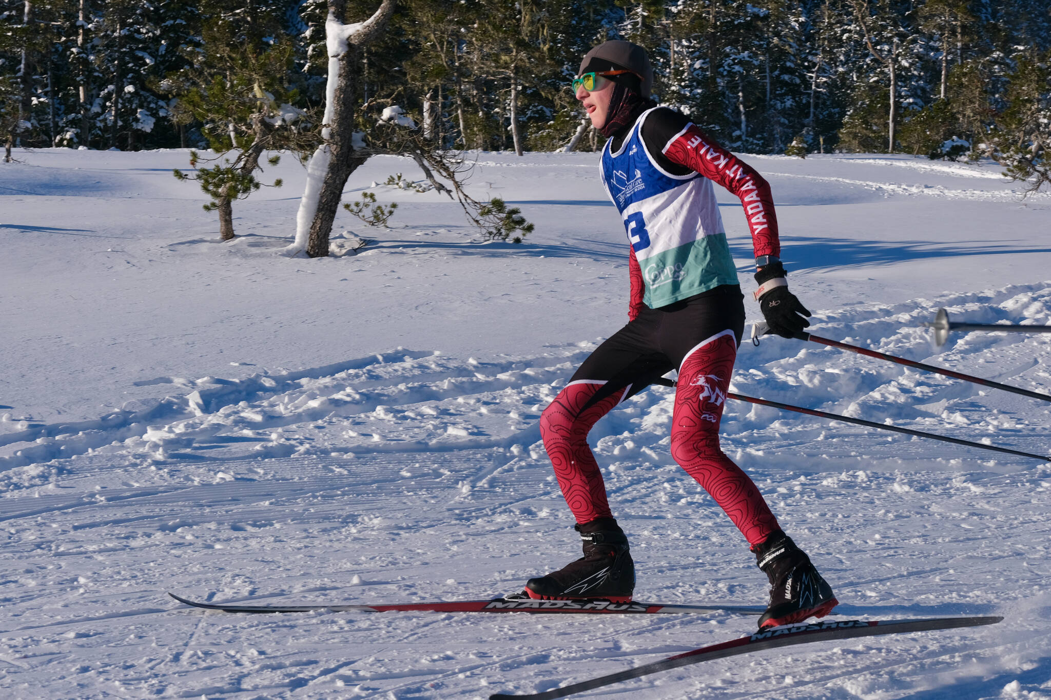 Juneau-Douglas High School: Yadaa.at Kalé Nordic Ski Team freshman Caleb Schane (93) races during the Shaky Shakeout Invitational six-kilometer freestyle mass start Saturday at Eaglecrest Ski Area. (Klas Stolpe / Juneau Empire)