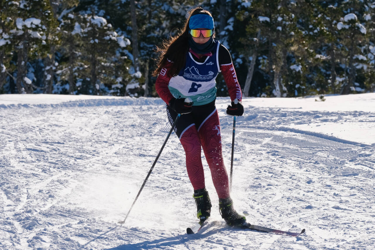 Juneau-Douglas High School: Yadaa.at Kalé Nordic Ski Team junior Lua Mangaccat (8) races during the Shaky Shakeout Invitational six-kilometer freestyle mass start Saturday at Eaglecrest Ski Area. (Klas Stolpe / Juneau Empire)