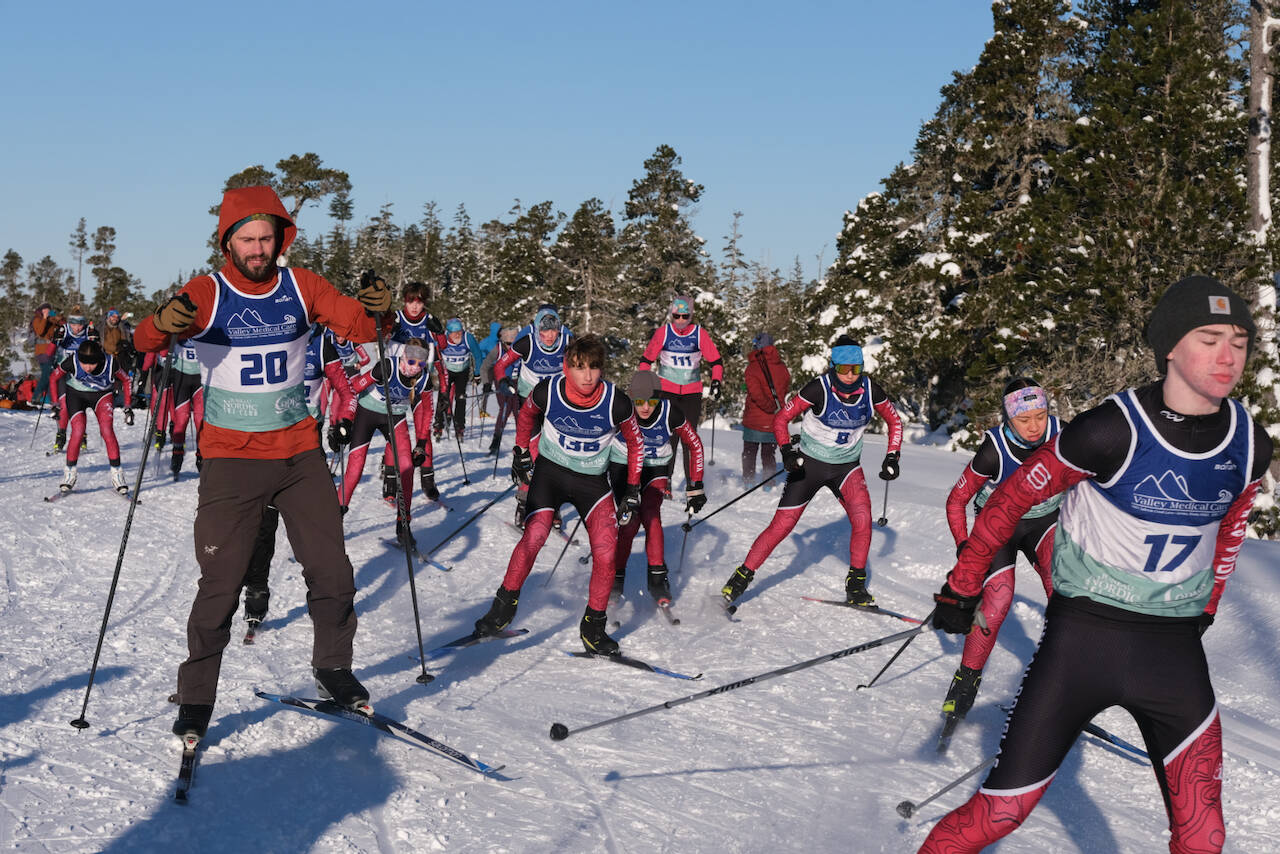 Juneau-Douglas High School: Yadaa.at Kalé Nordic Ski Team and community cross-country skiers start the Shaky Shakeout Invitational six-kilometer freestyle mass start race Saturday at Eaglecrest Ski Area. (Klas Stolpe / Juneau Empire)