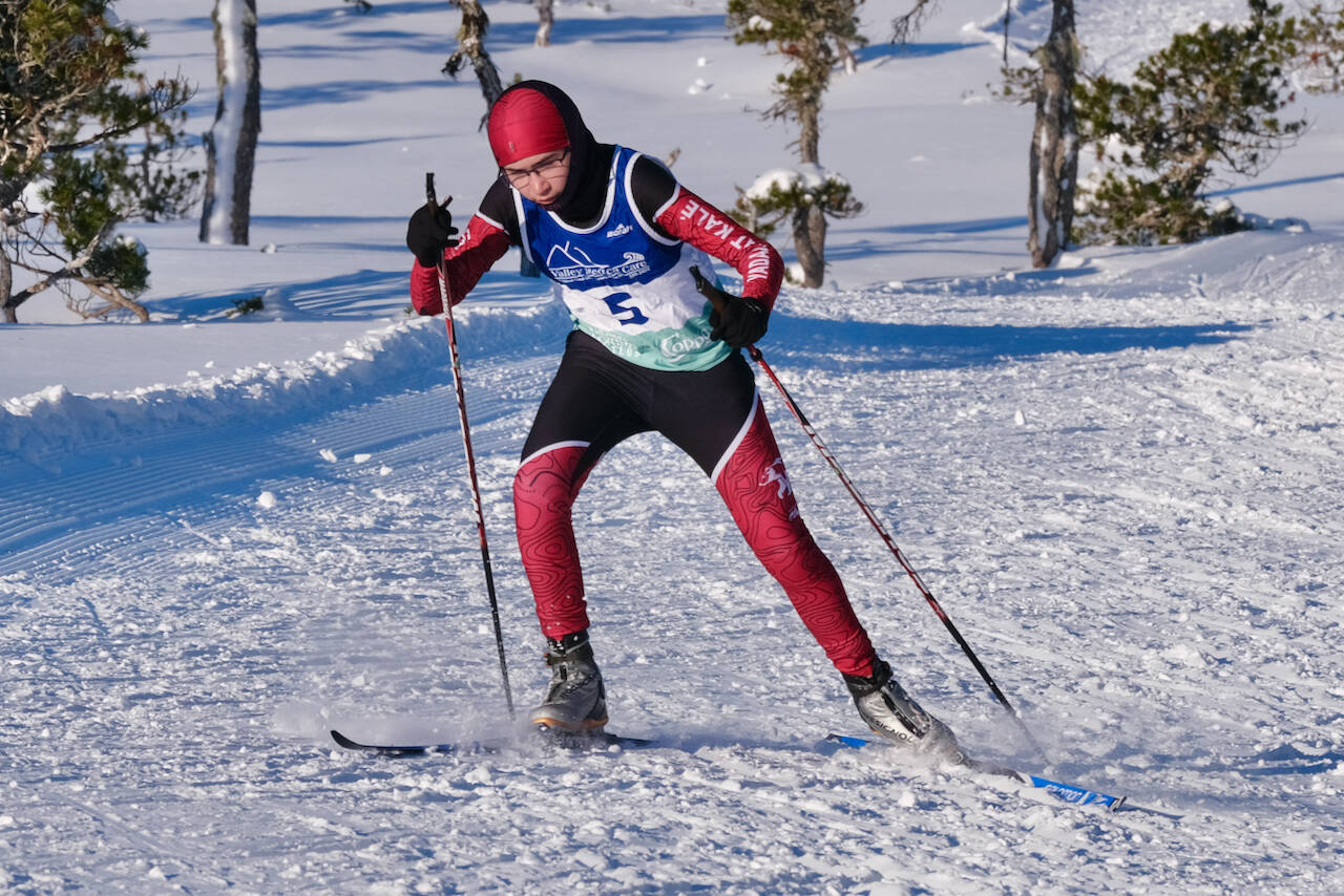 Juneau-Douglas High School: Yadaa.at Kalé Nordic Ski Team freshman Finnan Gahl Kelly races during the Shaky Shakeout Invitational six-kilometer freestyle mass start Saturday at Eaglecrest Ski Area. (Klas Stolpe / Juneau Empire)