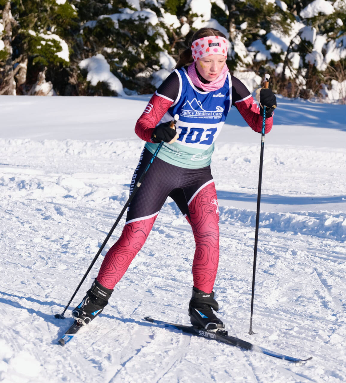 Juneau-Douglas High School: Yadaa.at Kalé Nordic Ski Team junior Zoë Lessard (103) races during the Shaky Shakeout Invitational six-kilometer freestyle mass start Saturday at Eaglecrest Ski Area. (Klas Stolpe / Juneau Empire)