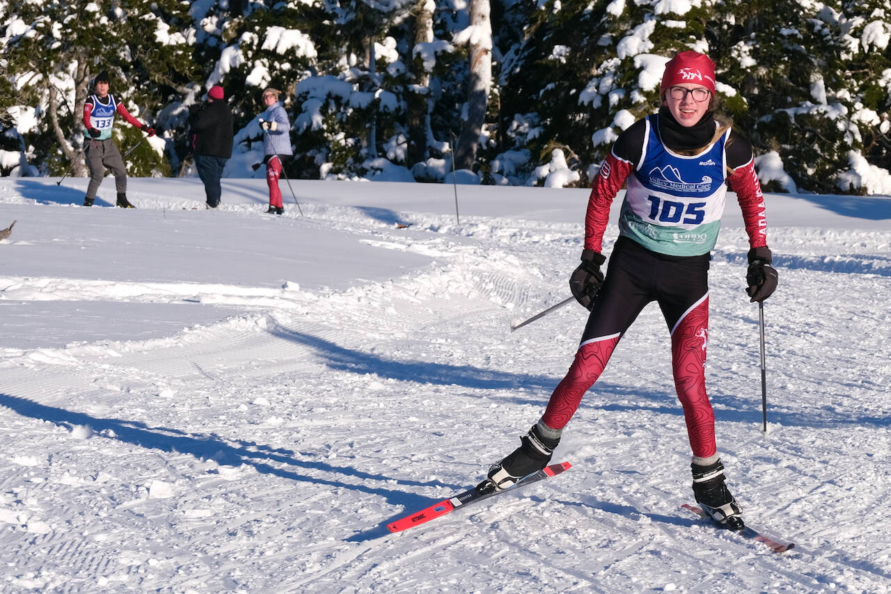 Juneau-Douglas High School: Yadaa.at Kalé Nordic Ski Team freshman Anderson Murray (105) races during the Shaky Shakeout Invitational six-kilometer freestyle mass start Saturday at Eaglecrest Ski Area. (Klas Stolpe / Juneau Empire)