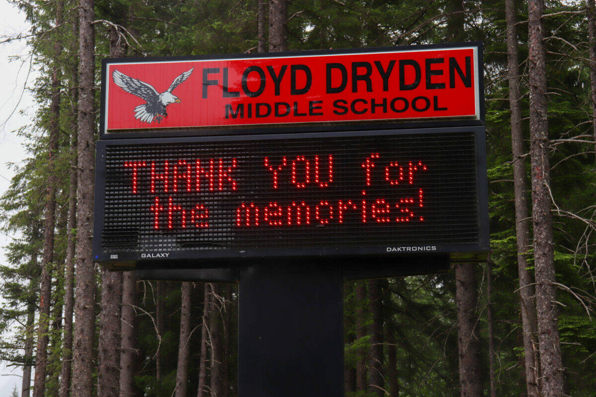 A sign at the former Floyd Dryden Middle School on Monday, June 24, 2025, commemorates the school being in operation from 1973 to 2024. (Jasz Garrett / Juneau Empire file photo)