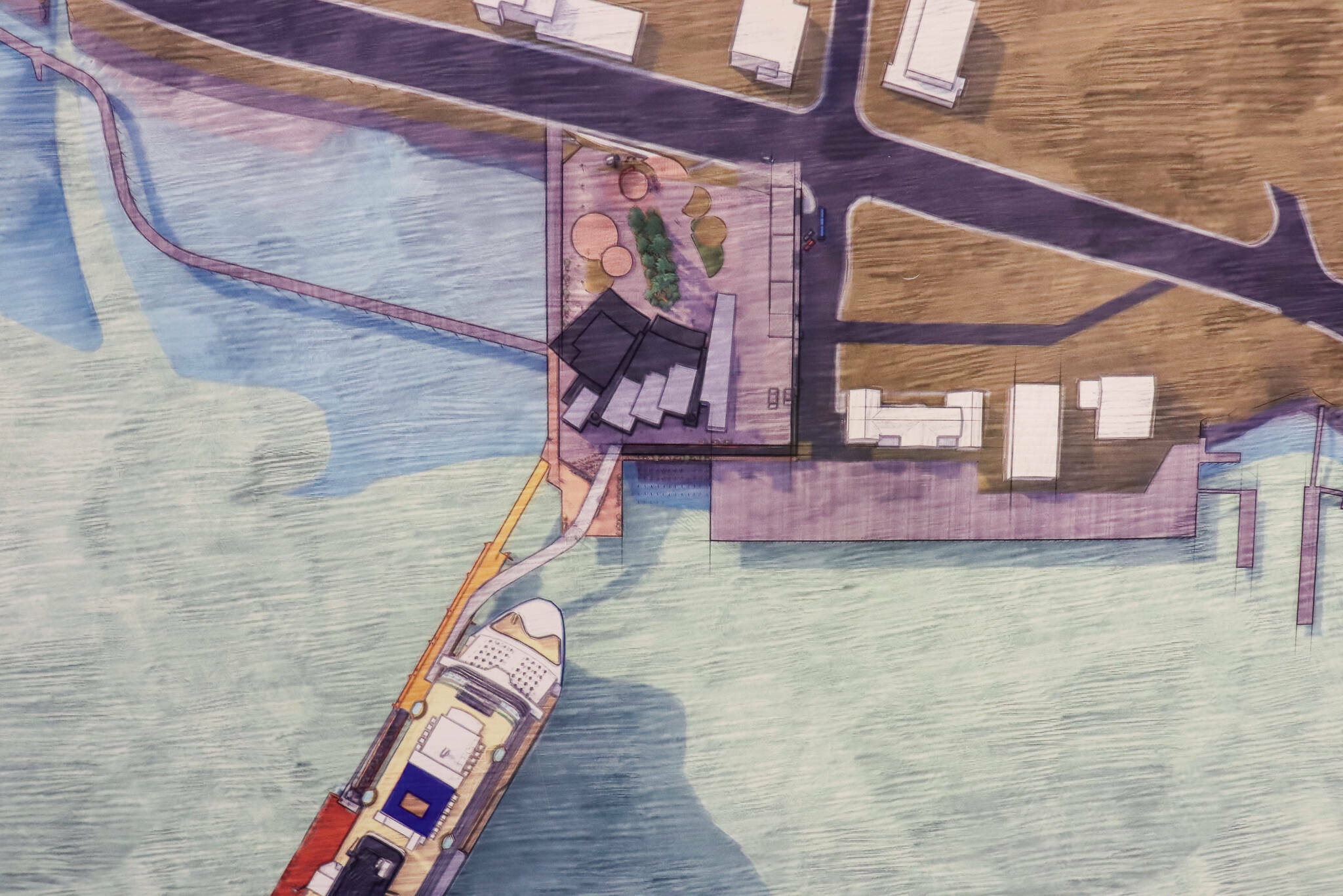 A preliminary design of Huna Totem’s Aak’w Landing shows an idea for how the project’s Seawalk could connect with the city’s Seawalk at Gold Creek (left). (Jasz Garrett / Juneau Empire file photo)