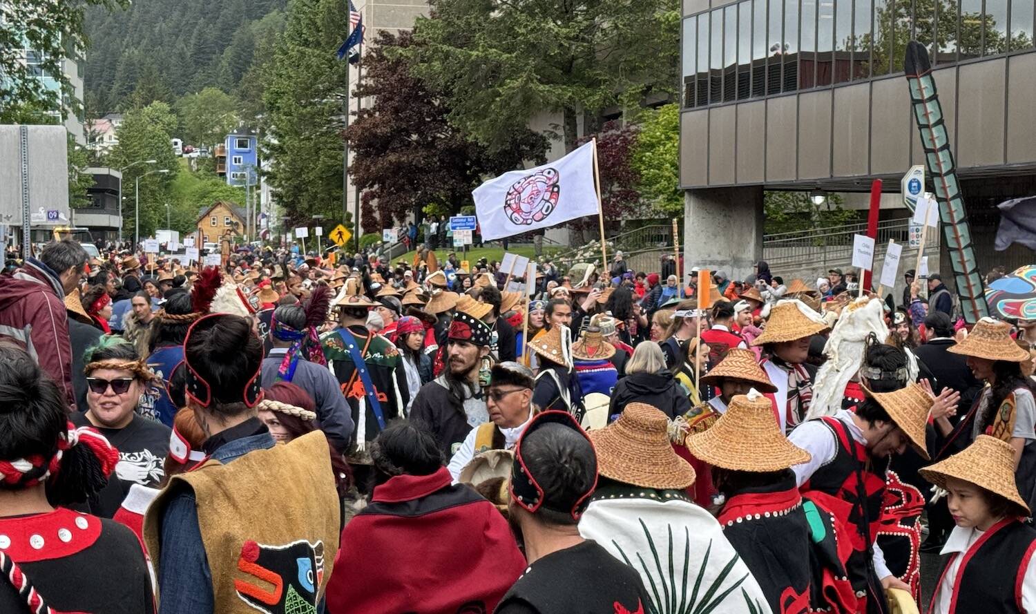 Tlingit, Haida and Tsimshian people gather in Juneau for the opening of Celebration on June 5, 2024. (James Brooks/Alaska Beacon)