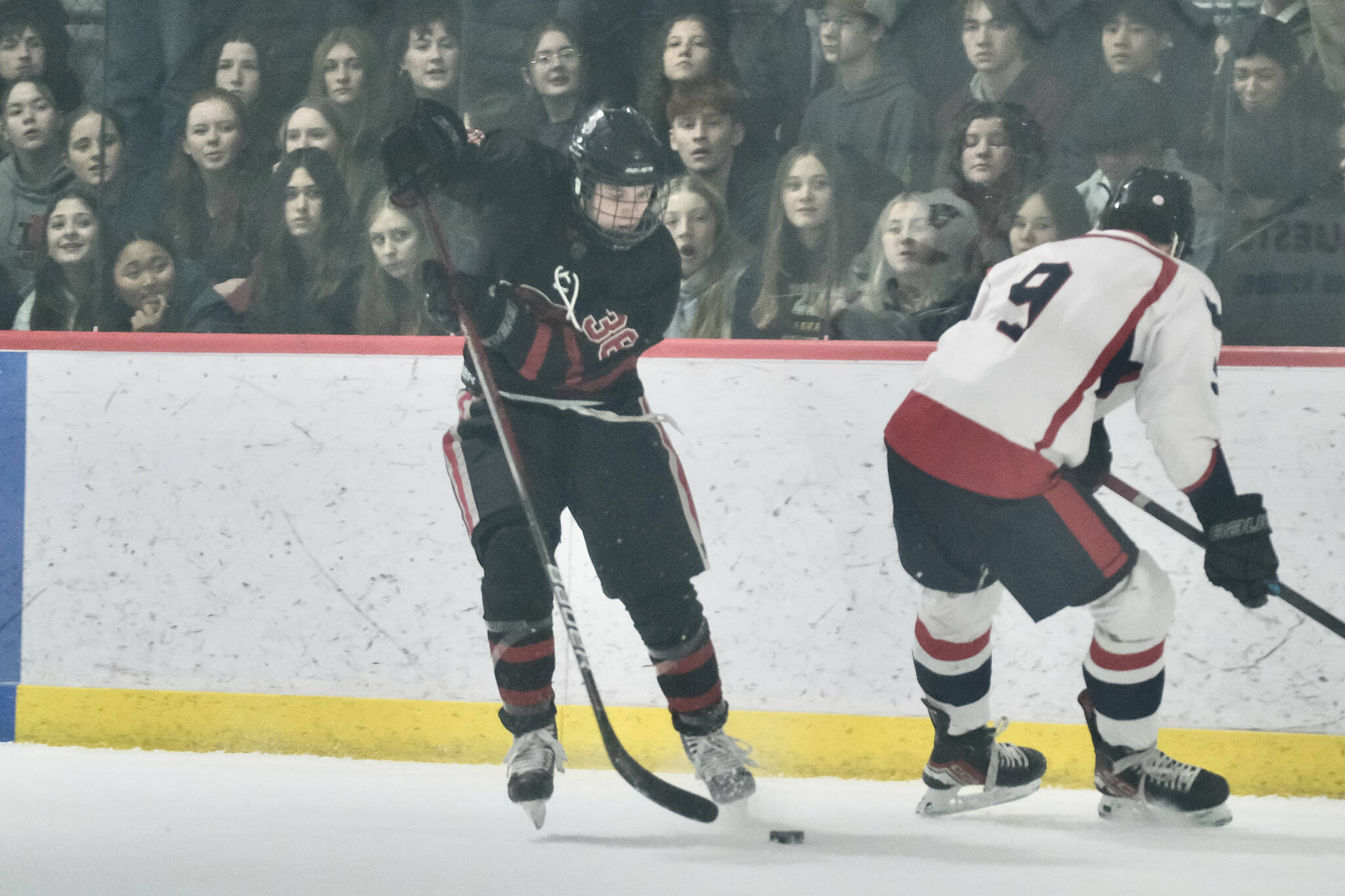 Juneau-Douglas High School: Yadaa.at Kalé Crimson Bears hockey junior Elliot Welch (36) was selected to the 2025 Northern Lights Conference Good Sports Team this week at the ASAA state hockey tournament. (Klas Stolpe / Juneau Empire)