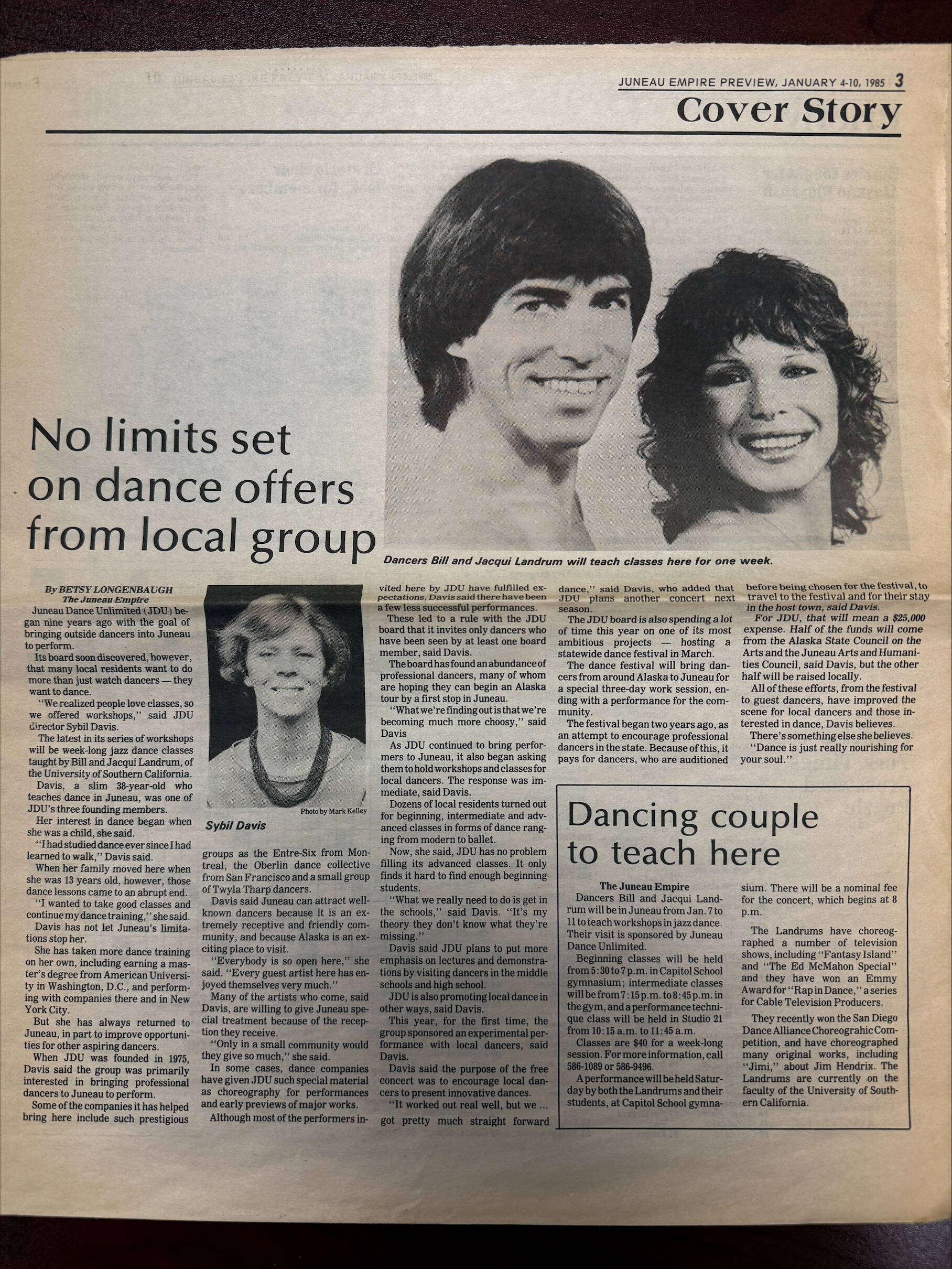 A Juneau Empire article written by Betsy Longenbaugh in January 1985 features Juneau Dance Theatre when it was known as Juneau Dance Unlimited. (Photo courtesy of Bridget Lujan)