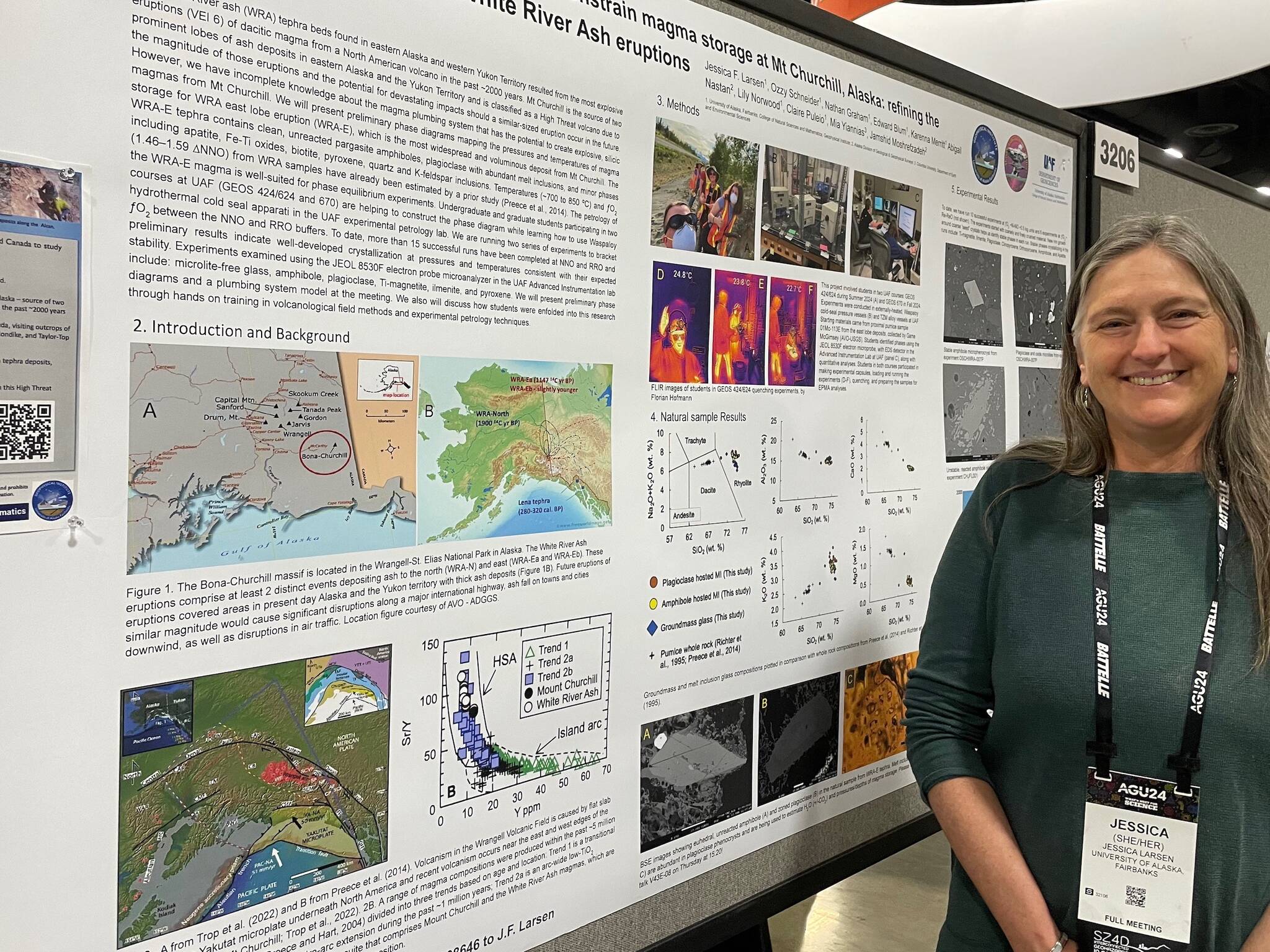 Jessica Larsen of the University of Alaska Fairbanks Geophysical Institute describes her research on Alaska’s Mount Churchill at the Fall Meeting of the American Geophysical Union on Dec. 9, 2024. (Photo by Ned Rozell)