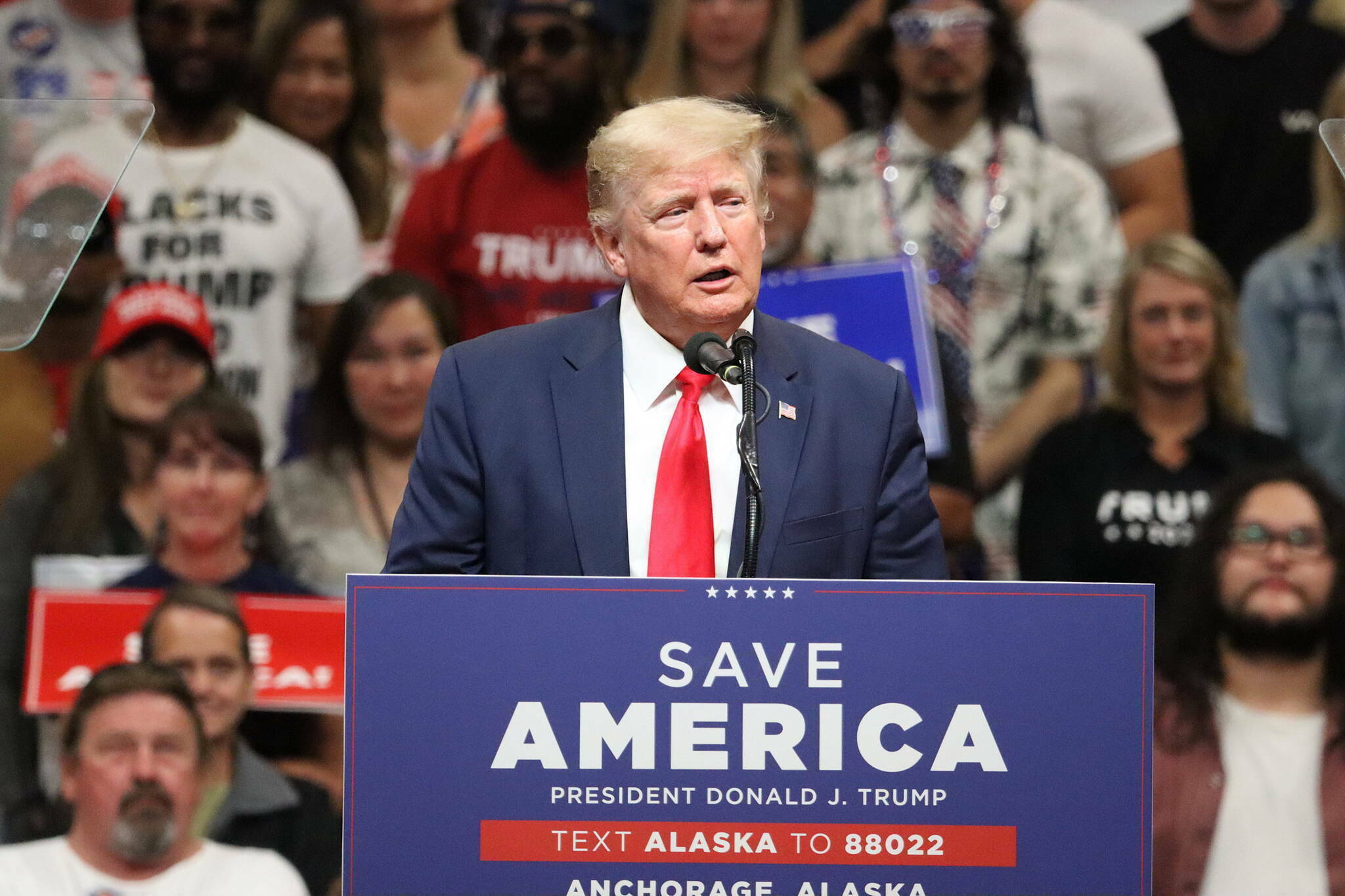 President Donald Trump speaks to a capacity crowd at the Alaska Airlines Center in Anchorage on July 9, 2022. (Mark Sabbatini / Juneau Empire file photo)