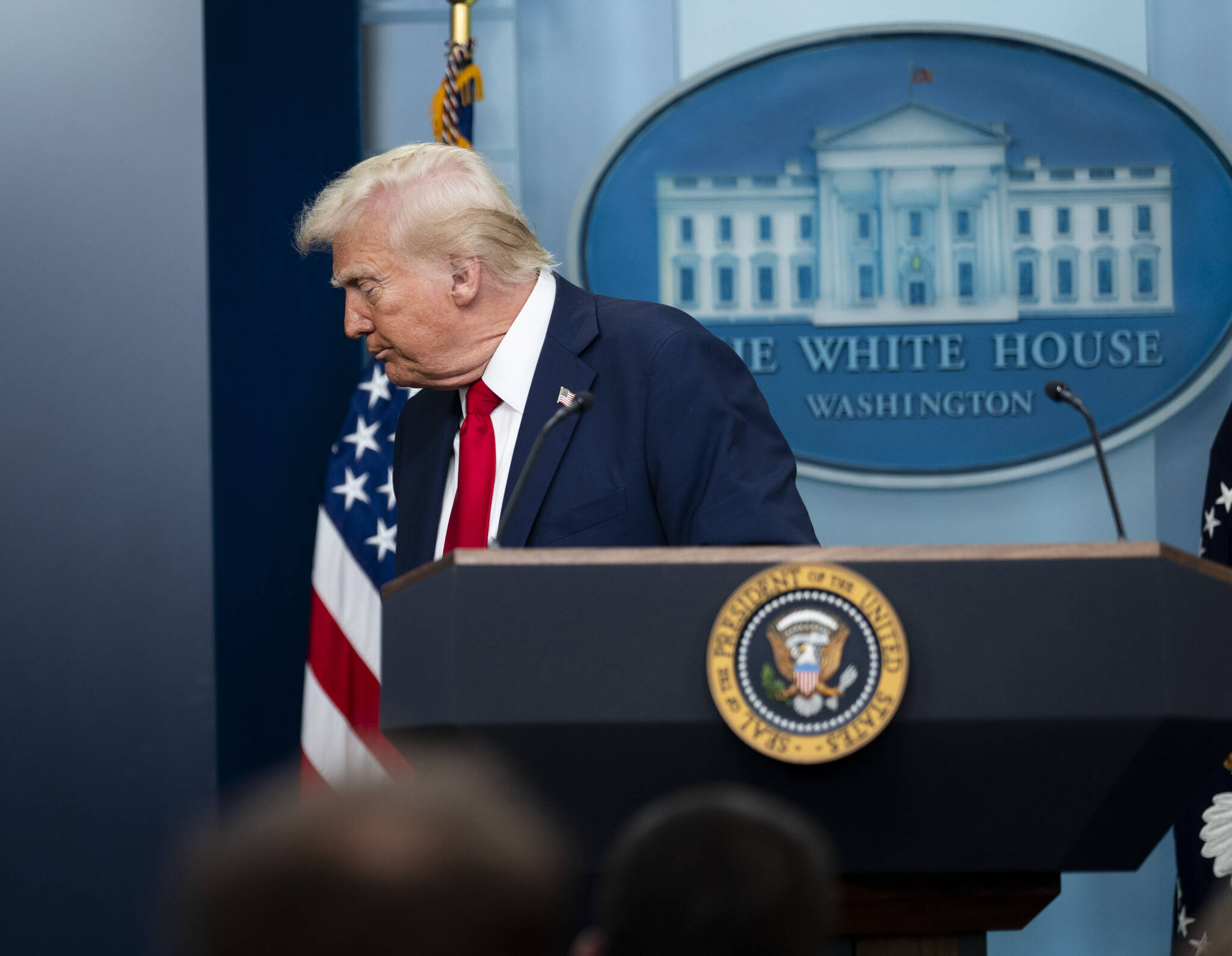 President Donald Trump walks away from the podium after speaking about a plane crash at Ronald Reagan Washington National Airport during a news conference at the White House in Washington, on Thursday, Jan. 30, 2025. President Trumpճ remarks, suggesting that diversity in hiring and other Biden administration policies somehow caused the disaster, reflected his instinct to immediately frame major events through his political or ideological lens. (Doug Mills/The New York Times)